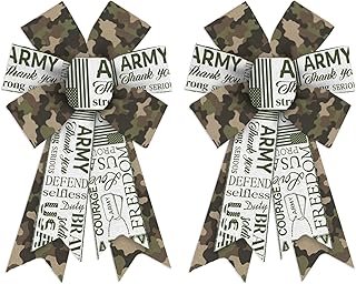 2 Pcs Green Camouflage Wreath Bows Camo Bows for Wreaths, Camouflage Ribbon Bows Thank You Army Decor Bows for Veterans Day Military Support Indoor Outdoor Decoration Wreath Ornament Supplies