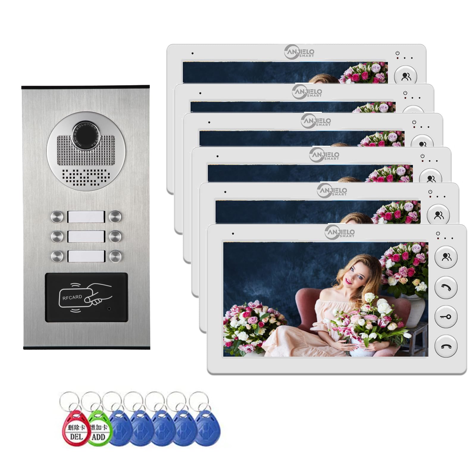 Sistema de intercomunicación de vídeo con cable para apartamentos, 6 unidades de sistema de intercomunicación de vídeo con monitor de 7 pulgadas, timbre de vídeo para interior y exterior, desbloqueo