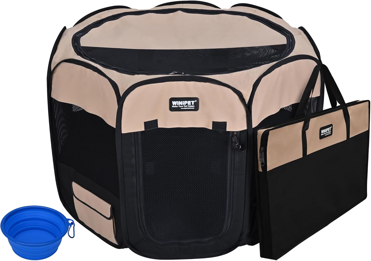 2-Door Folding Soft Pet Playpen (2 Year Warranty), Plus Carrying Bag and Food Grade Silicone Bowl, 10-Size and 12-Color Portable Dog Cat Playpen, Exercise Pen, Indoor & Outdoor Pet Home