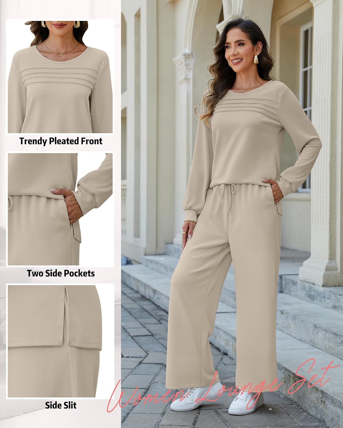 Women 2 Piece Lounge Set 2025 Winter Long Sleeve Outfits Casual Side Slit Tracksuit Wide Leg Loungewear with Pockets - Image 3