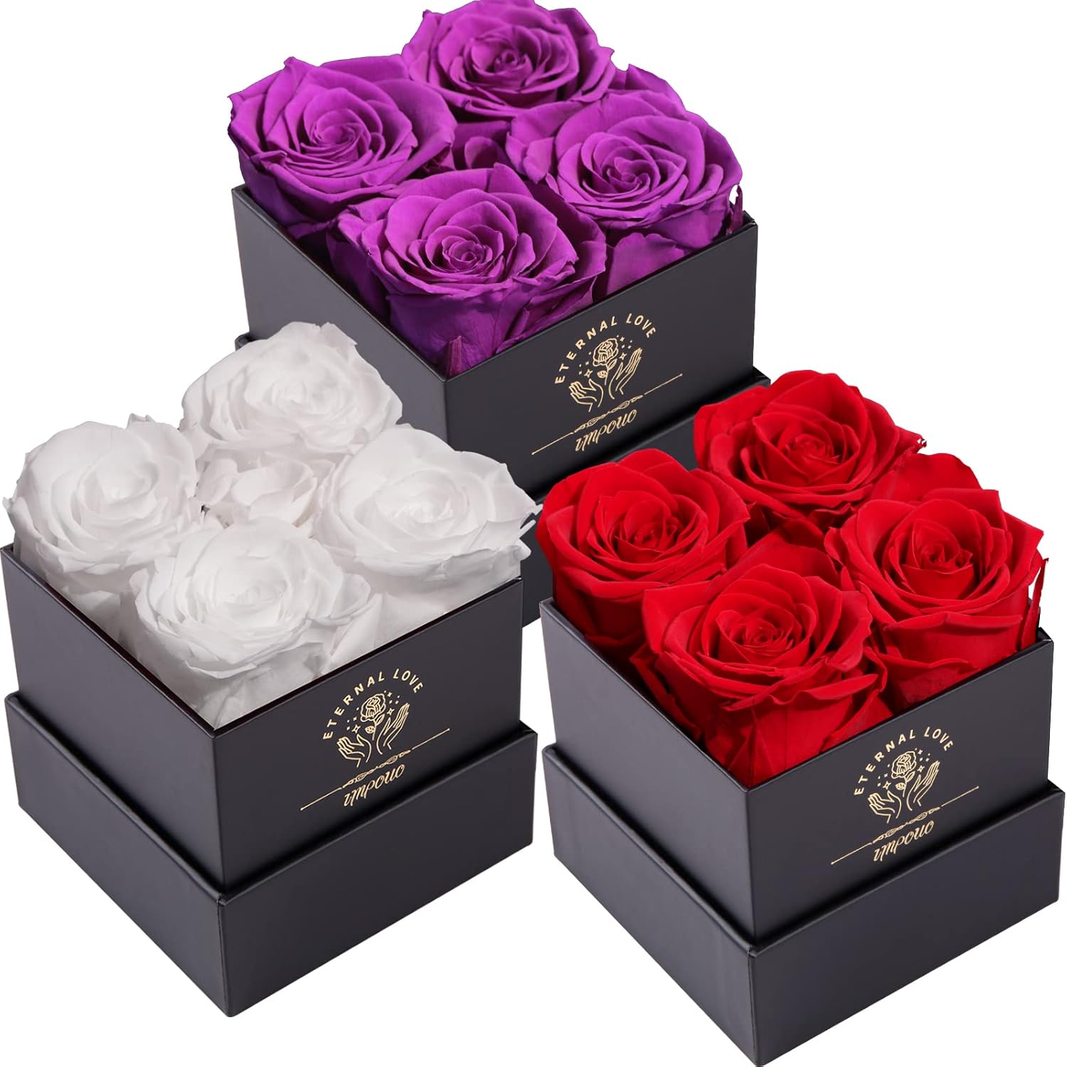 Impouo Preserved Roses Purple+Red + White Bundle, Flowers for Delivery Prime - Roses in a Box - Real Roses That Last a Year - Fresh Flowers - Unique Gifts for Women, Mothers Day, Valentine’s Day