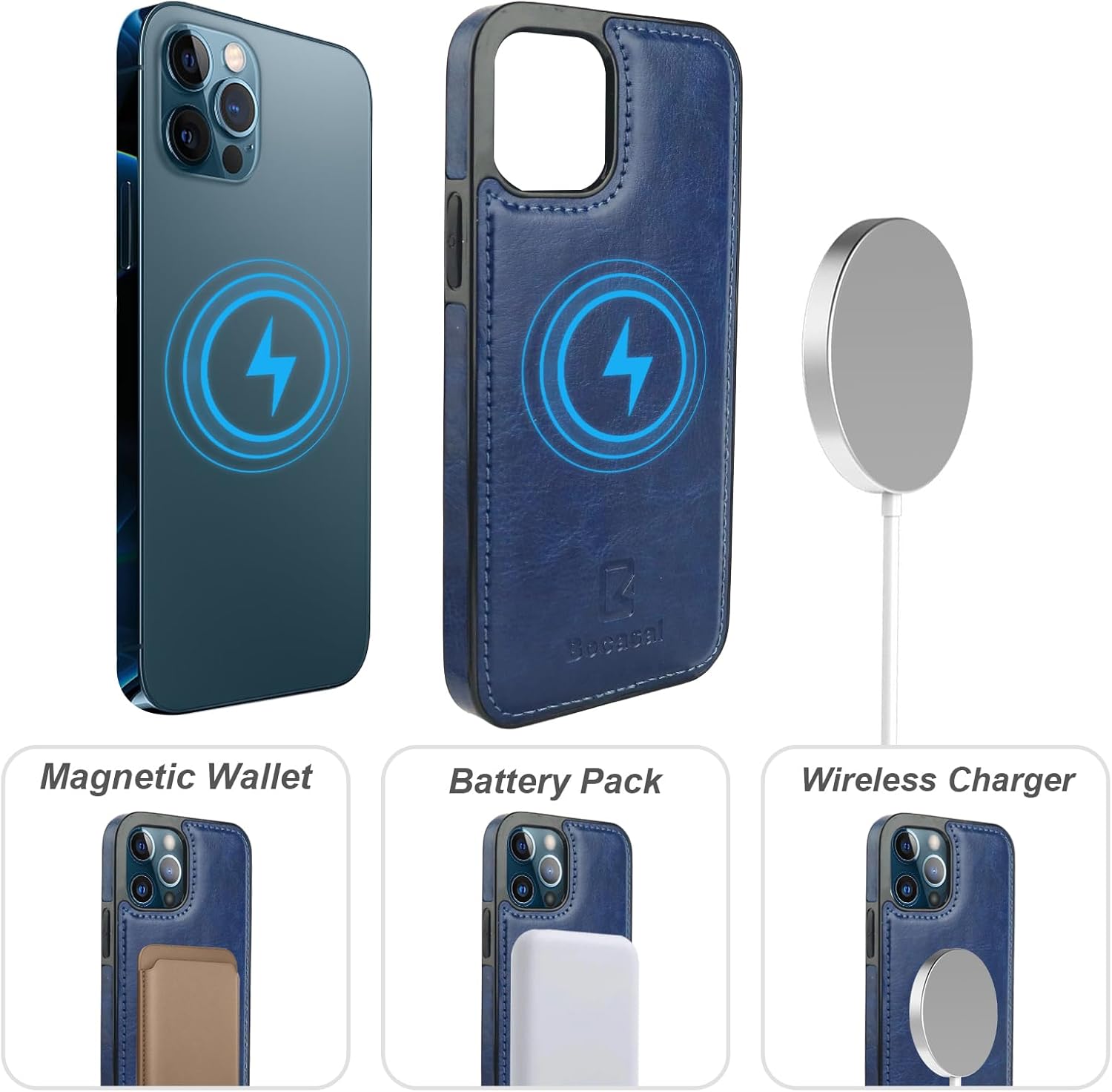 Bocasal for iPhone 12/12 Pro Wallet Case Compatible with MagSafe Wireless Charging, RFID Blocking Magnetic Leather Case with Card Slots Holder Kickstand Detachable Wrist Strap 6.1 Inch (Blue)