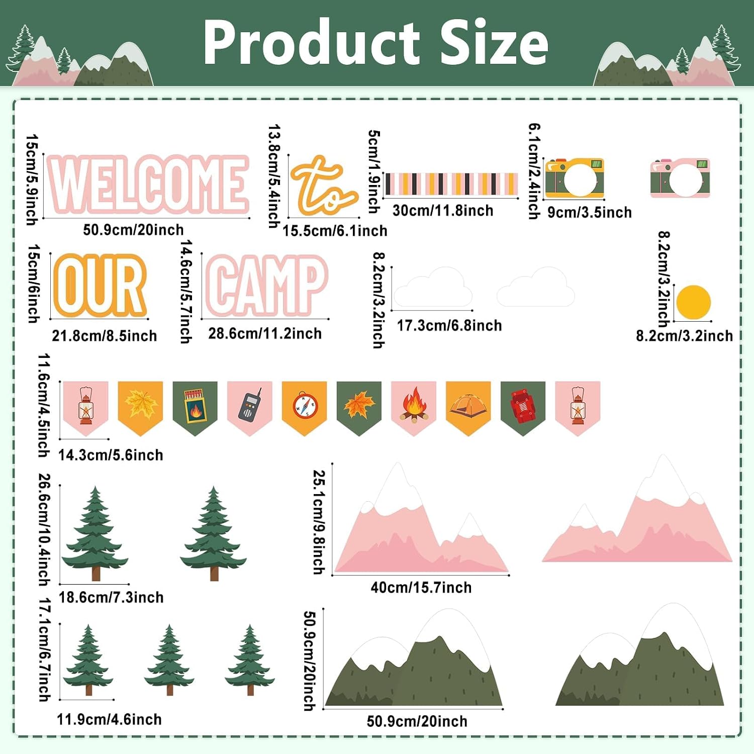 Camping Bulletin Board Set Woodland Classroom Decor Welcome to Our Camp Forest Mountain Classroom Decorations Border Adventure DIY Photo Craft Camper Cutouts for Students School Wall Party Supplies