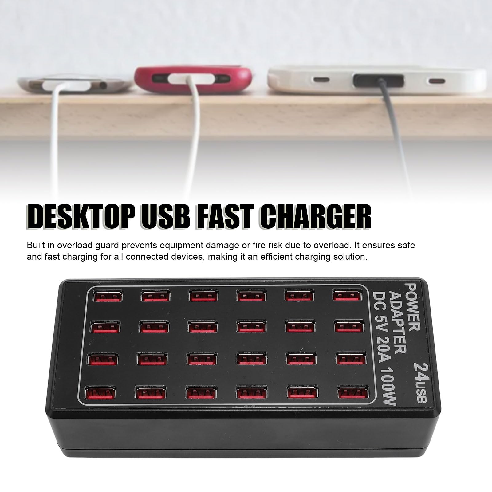 Estación de Carga USB de 100 W, Cargador USB Rápido de 24 Puertos, Protección contra Sobrecarga, para Teléfonos Inteligentes, Tabletas, Auriculares, Uso en Casa, Viajes, (Enchufe Europeo)