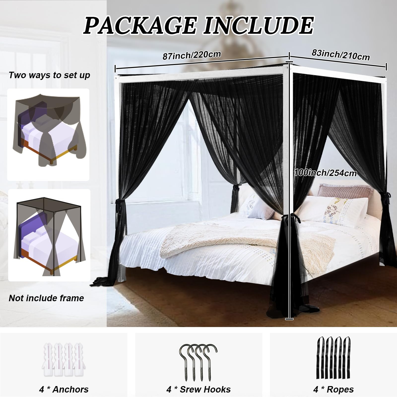 South To East Cortinas de cama con dosel negras de 4 esquinas para adultos, mosquitera para cama, cortinas de cama lujosas para decoración de habitación, poliéster irrompible, fáciles de instalar