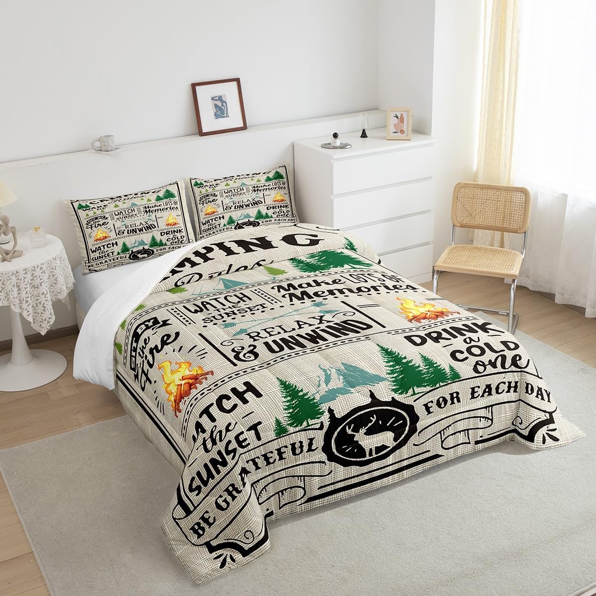 Teens Camper Comforter Set Queen Size,Happy Camping Bedding Set for Kids Boys Girls Bedroom Decoration,Pine Bonfire Bed Duvet Insert,Rustic Vintage Comforter with 2 Pillowcases