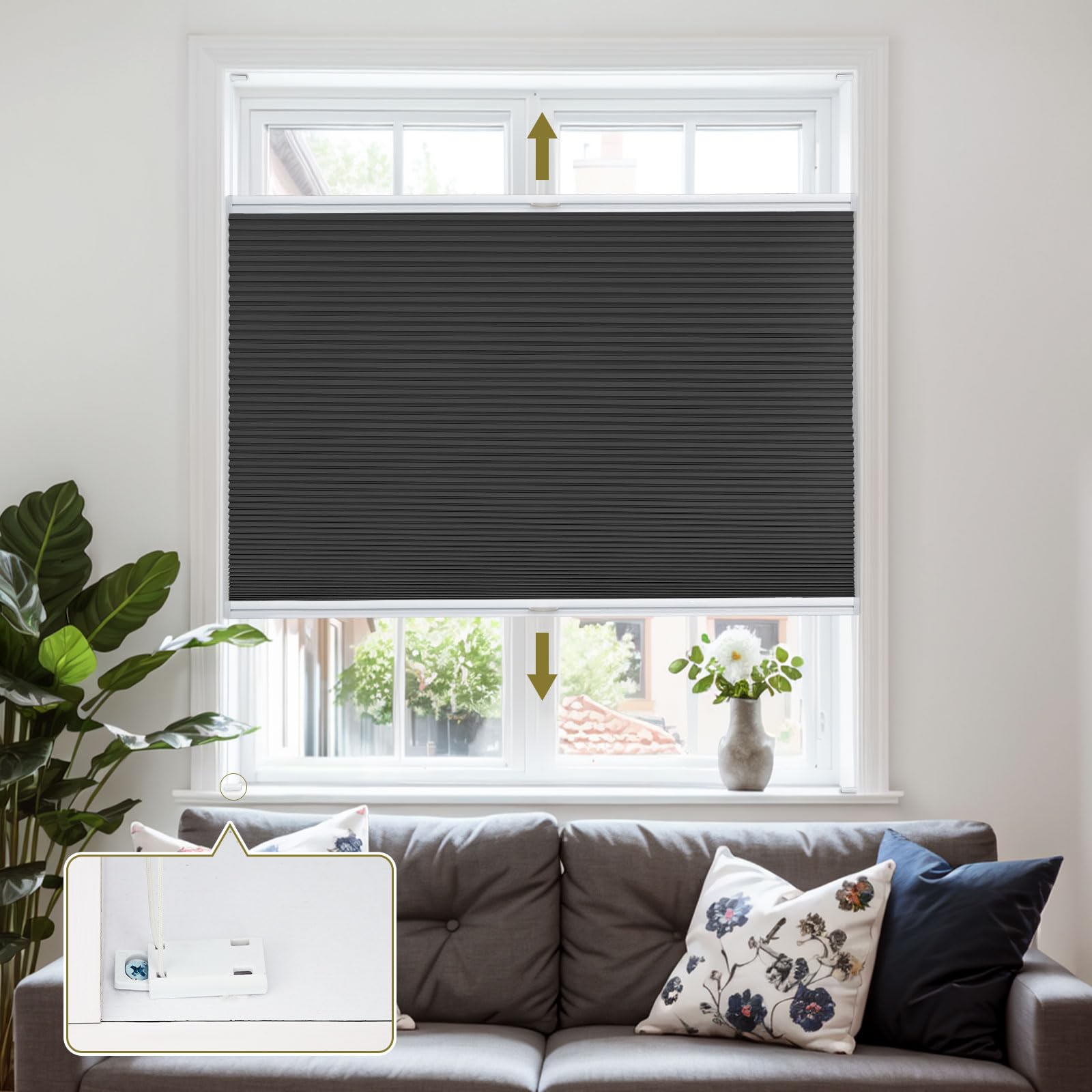 Moonice Cordless Honeycomb Pleated Blinds Blackout Top Down Bottom Up Cellular Blinds Easy Fit Install Inward-Opening Window Shades Heat Insulation Shades for Home Black, 40cm W x 150cm H