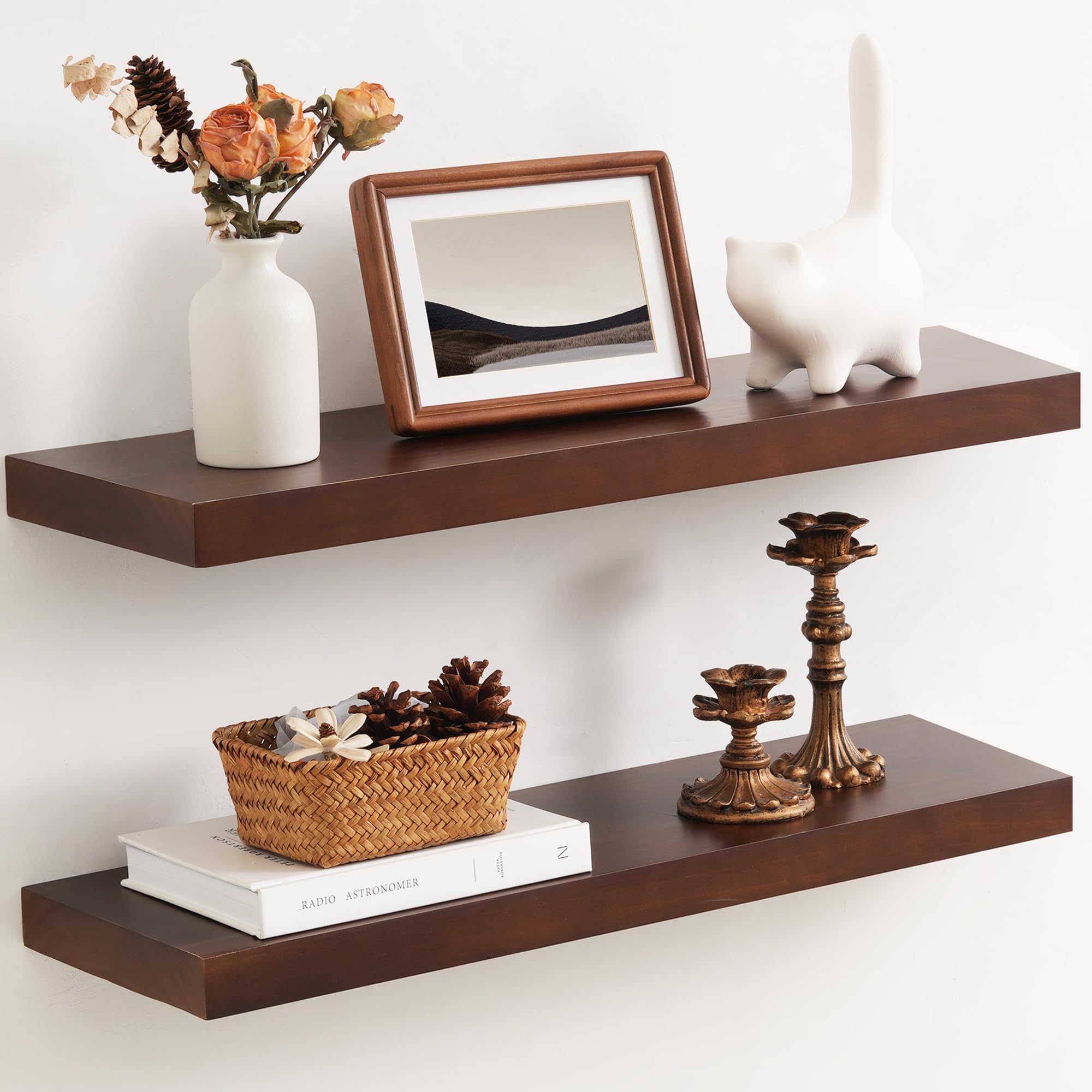 Fun Memories Farmhouse Floating Shelves - 8 Inch Deep Rustic Wood Wall Shelf - Premium Solid Wood Storage Shelf for Kitchen Living Room Bedroom - 24"