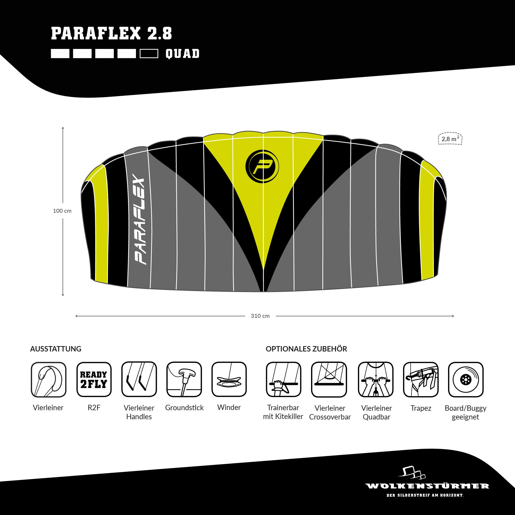 Wolkenstürmer Paraflex Quad 2.8 Alfombra dirección 4 líneas Cometa Asas