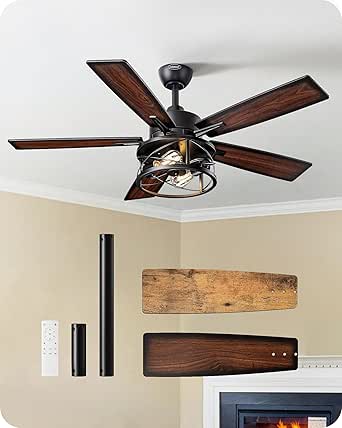 EDISHINE 42“ Farmhouse Ceiling Fans with Lights and Remote, 10%-100% Dimmable, 6 Speeds, Wood Blades, DC Reversible Motor, Timer, Noiseless, Small Rustic Ceiling Fan for Bedroom Living Room, UL Listed