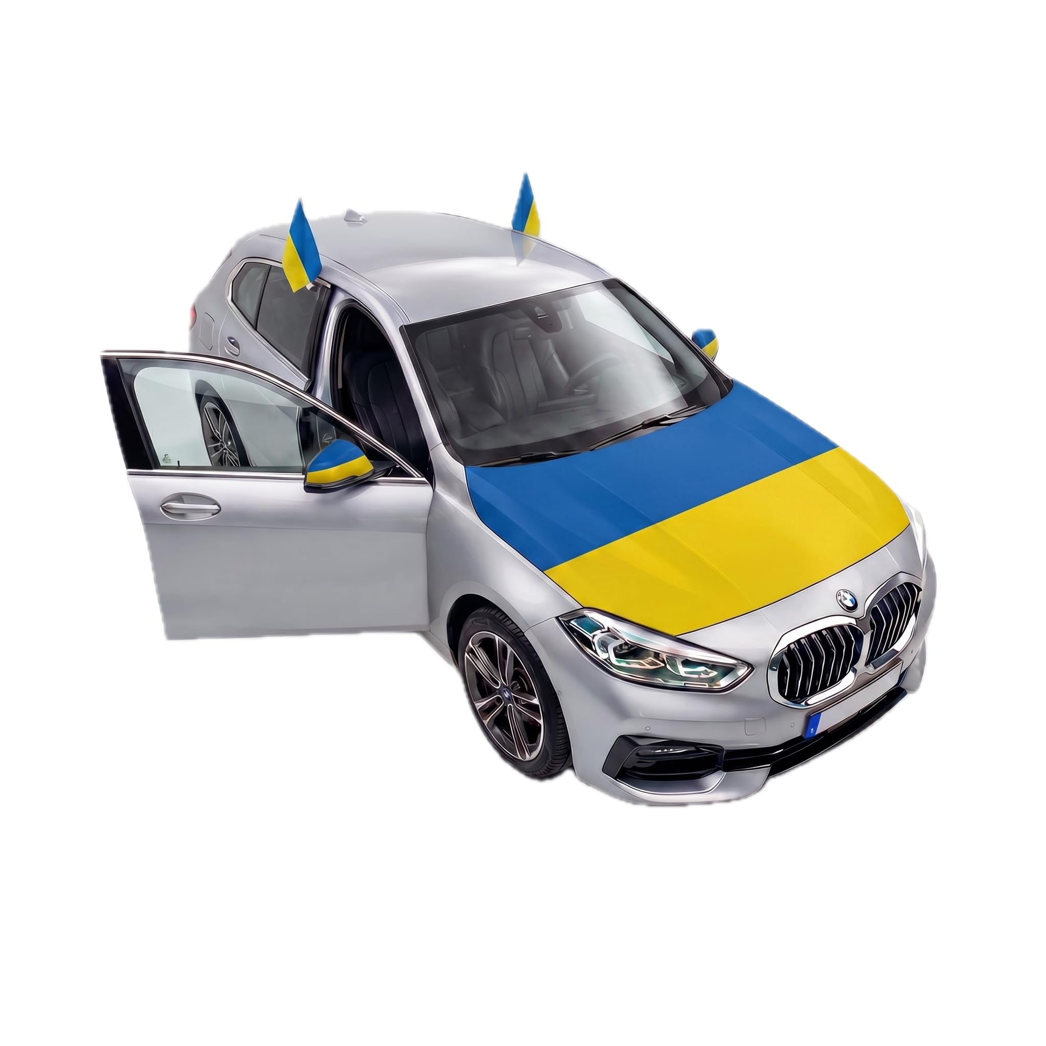 Auto Fahnen Ukraine Komplett Set - Motorhaubenfahne, 2 Autofahnen Fenster & 2 Außenspiegelfahnen, Fußball Fanartikel FZG für EM & WM, Ukrainische Flagge Fahrzeug Deko