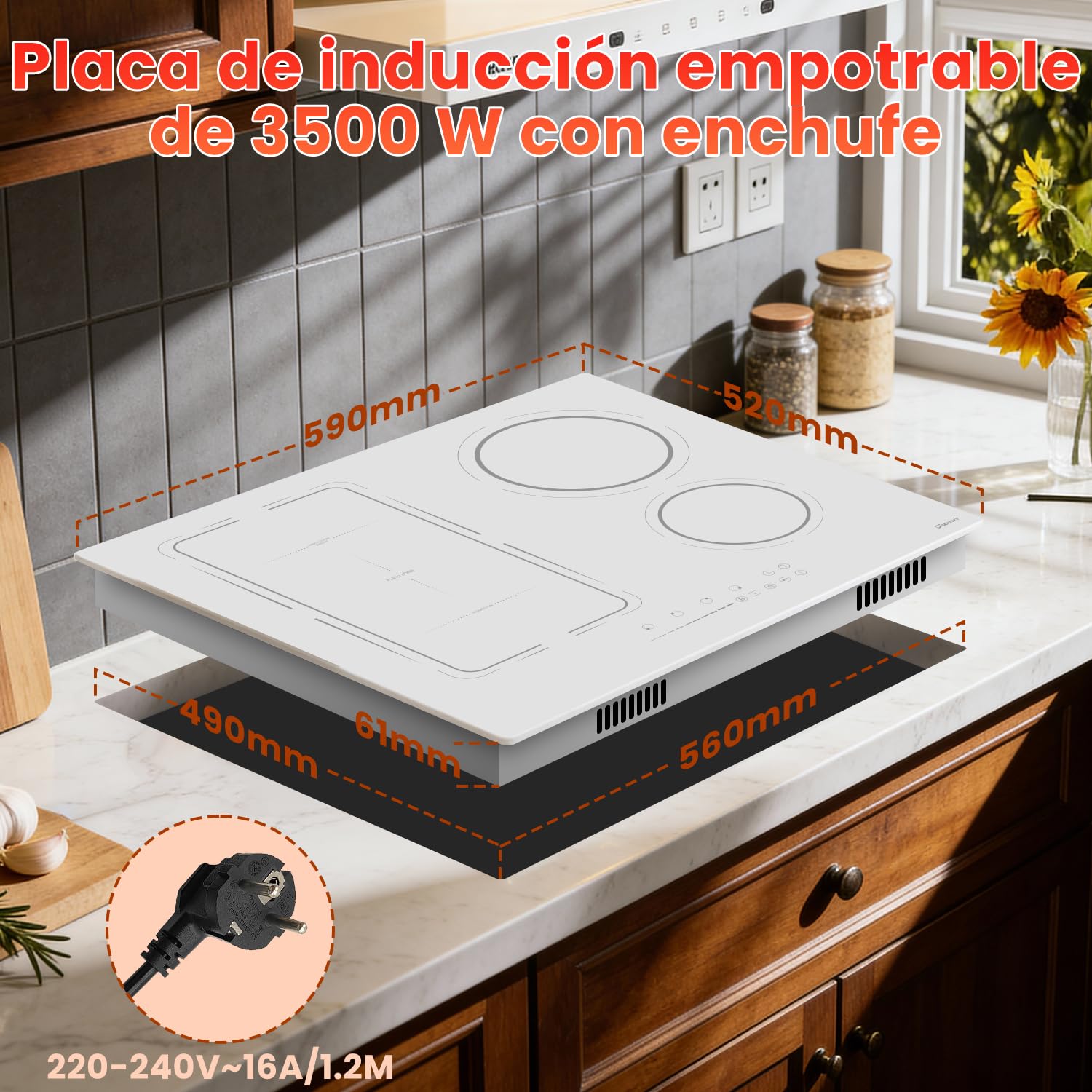 Placa Inducción 4 Fuegos, Vitroceramica Induccion Blanca de 60 cm Empotrable, Flexible, 9 Niveles de Potencia, 3500W, Función de aislamiento Boost, Temporizador, 220-240V | Flexzone, Booster, protección para niños, temporizador, función de pausa, 60 cm, 3