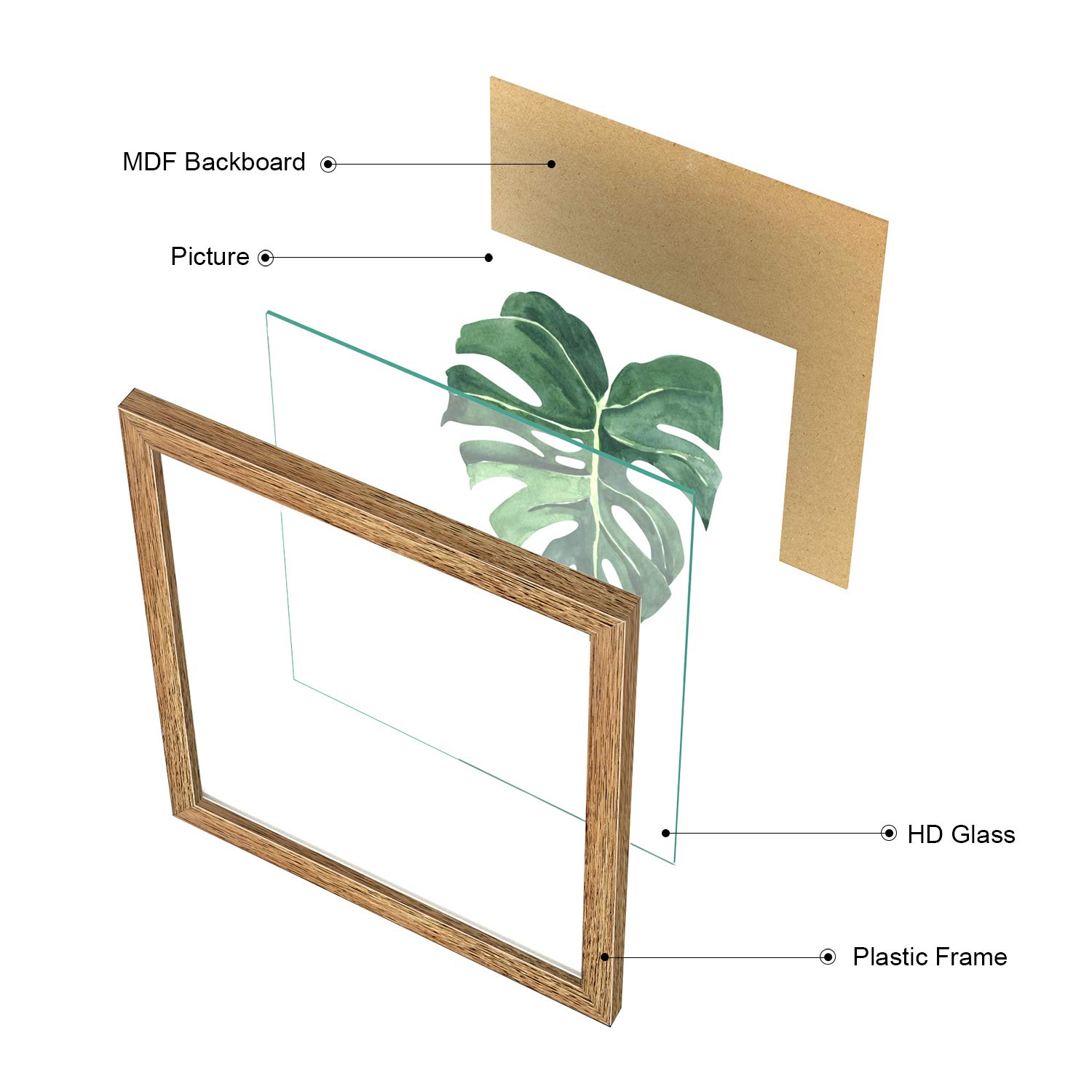 ArtbyHannah 10" x 10" 4 Panels Framed Walnut Finish Picture Frame Collage Set for Wall Art Décor with Watercolor Green Leaf Tropical Botanical Plant Prints for Gallery Wall Kit or Home Decoration