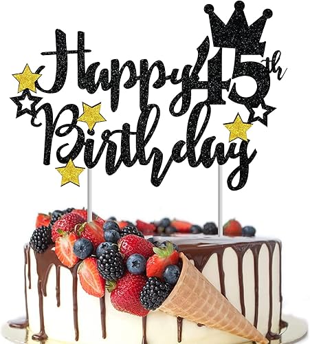 Miniatura 4 de Decoración para tarta de cumpleaños de 45 años, estrella negra con purpurina 45 y fabulosa selección para pastel de cumpleaños 45, aniversario,