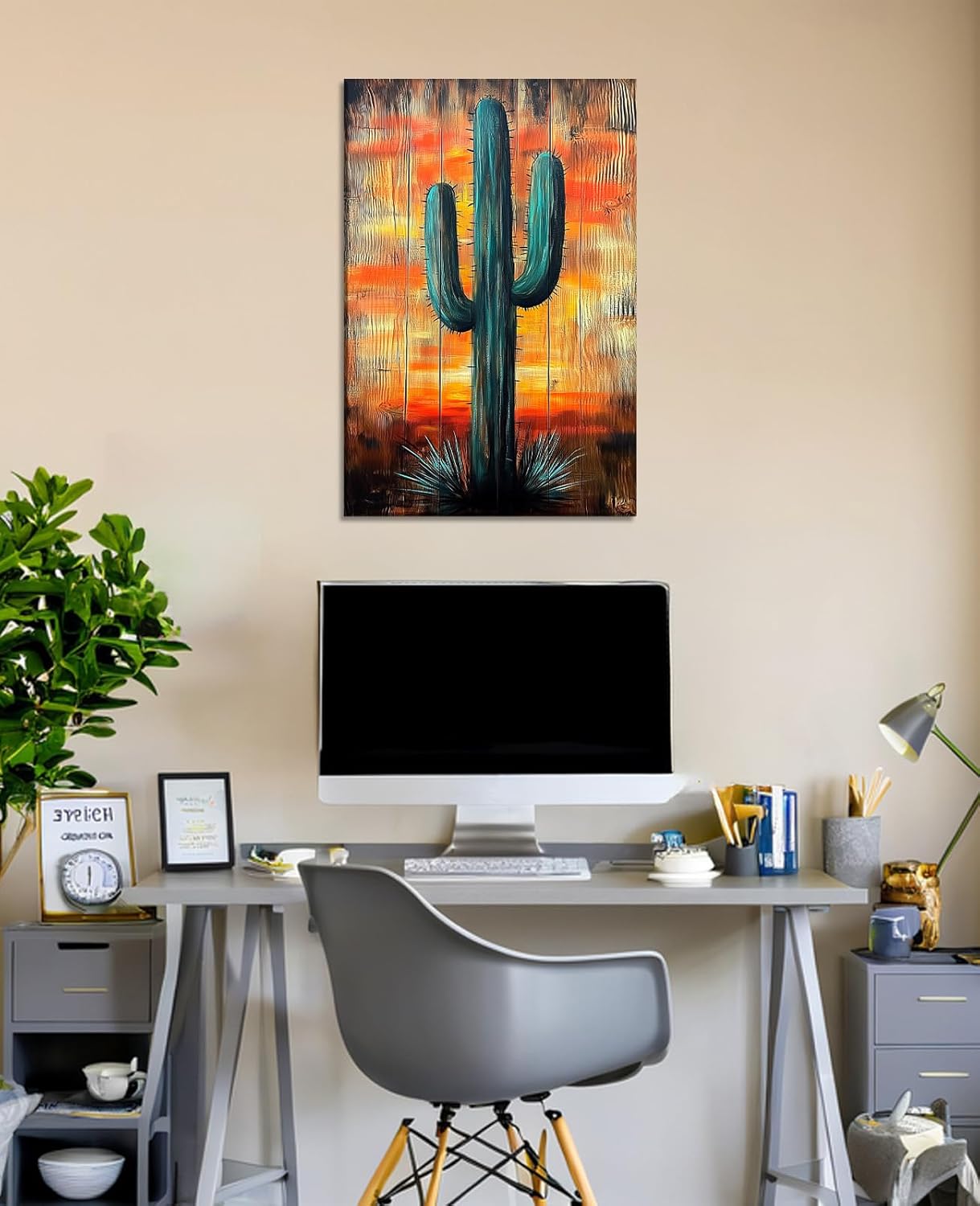 Cactus Wall Art Saguaro Picture Southwestern Art Arizona Desert Sunset Painting Wood Background Poster Succulent Boho Canvas Prints Living Room Wall Decor Framed(Cactus-13,12.00"x18.00")