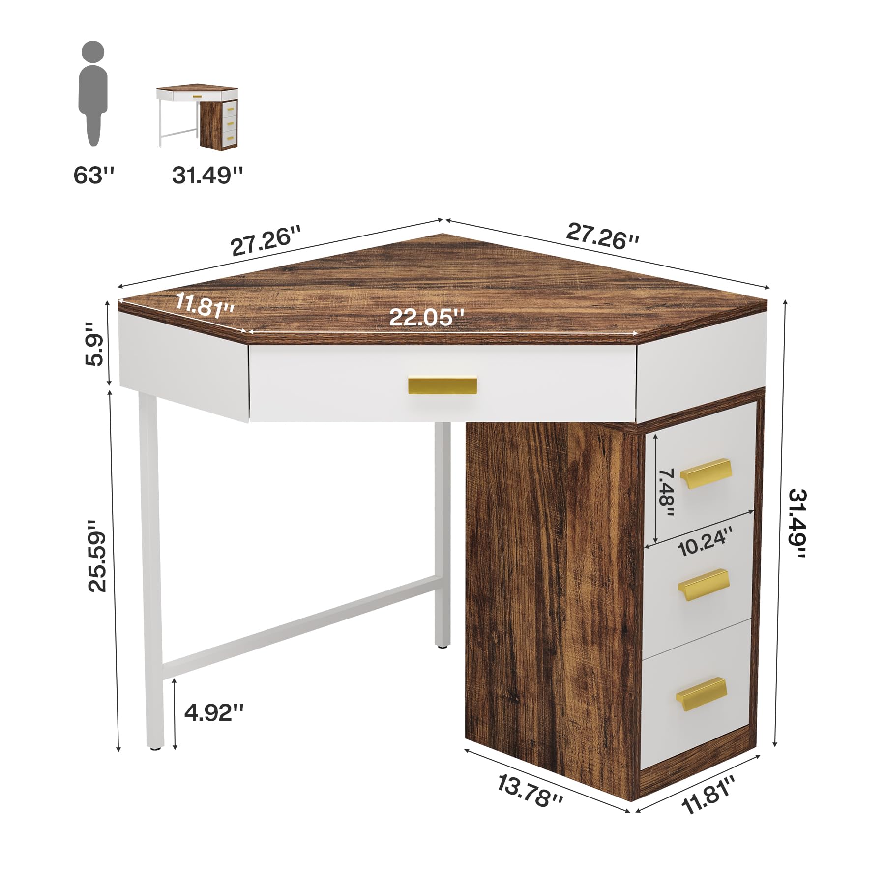 Tribesigns Scrivania Angolare con 4 Cassetti, Scrivania per Computer Salvaspazio a 90°, Scrivania Ufficio con Contenitore, Tavolo PC per Studio, Camera da Letto, Soggiorno, Marrone/Bianco