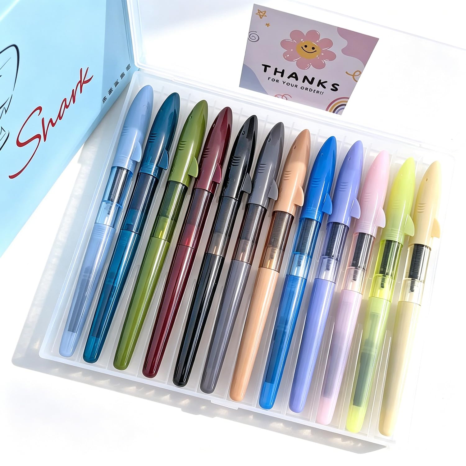 Jinhao Shark Series Fountain Pen, 12 Pack Extra Fine (EF) Nib, Assorted Colors, Durable Resin Body, Smooth Writing Pen with Ink Converters and Reusable Storage Case