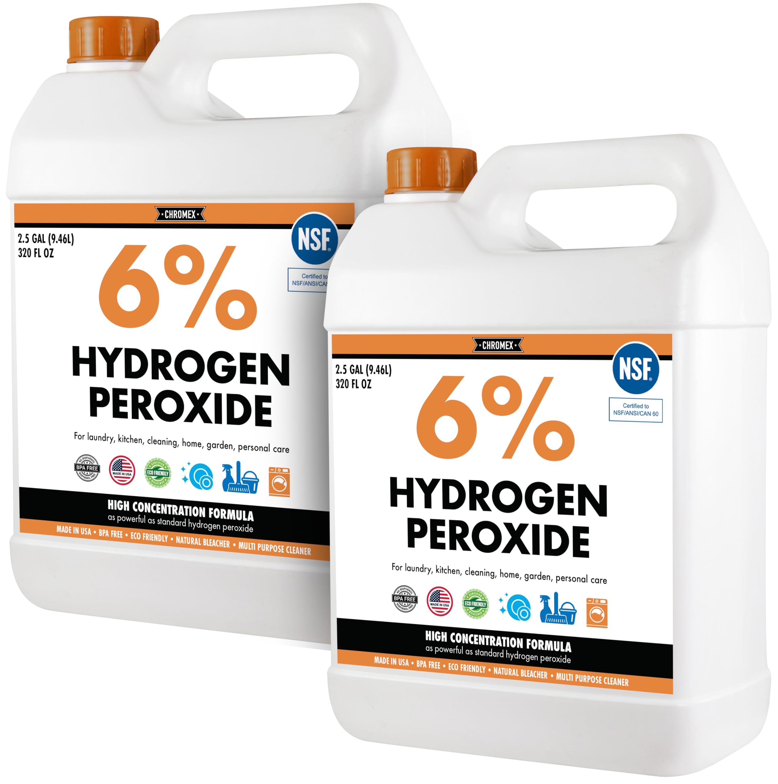 Chromex 6 Percent Hydrogen Peroxide, Food Grade, Home, Kitchen, Bath Cleaner, Laundry, Whitening, 5 Gallons