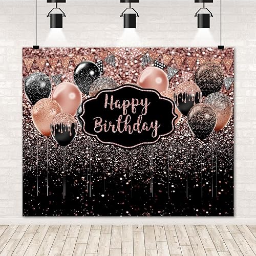 Miniatura 8 de Telón de fondo de feliz cumpleaños para fotografía, fondo de cumpleaños negro y oro rosa, 10 x 8 pies, globo dorado con purpurina dorada, fiesta de