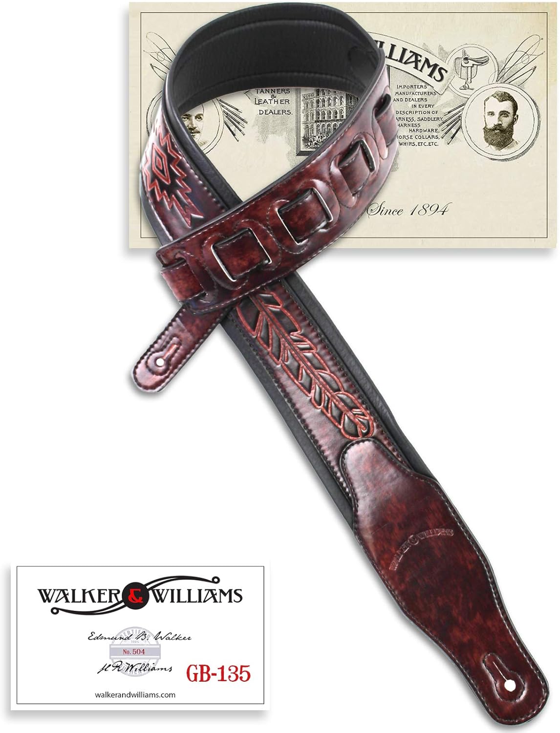 Walker & Williams GB-135 Dark Oxblood Brown Soft Padded Handmade Guitar Strap with Native American Feather Design For Acoustic, Electric, And Bass Guitars
