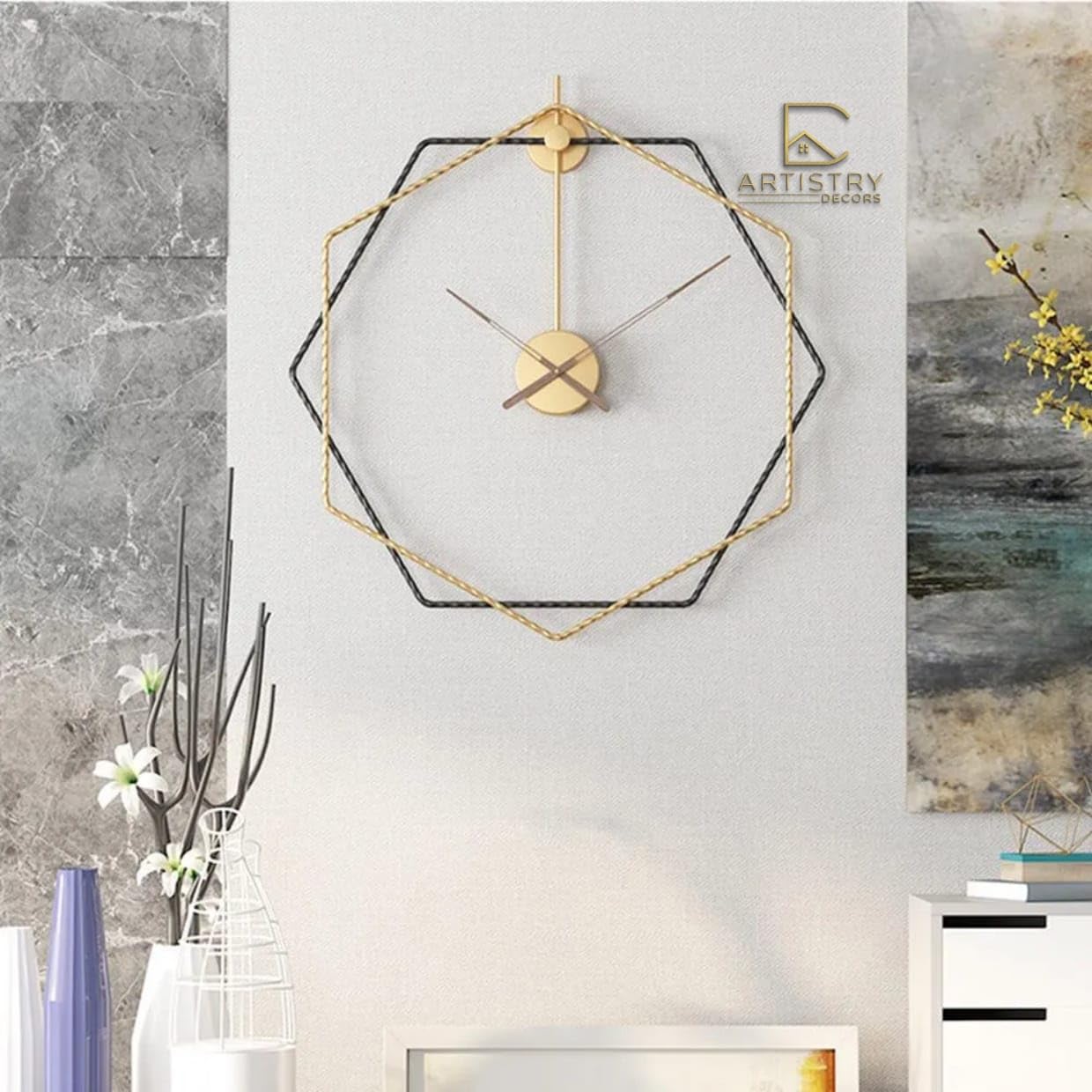 Metal Analog Wall Clock in Black and Gold Colour (60cm) for Bedroom/Home/Office/Hall/Dining Room Elegant Large Modern Wall Clock for Home Decor (24"x24")