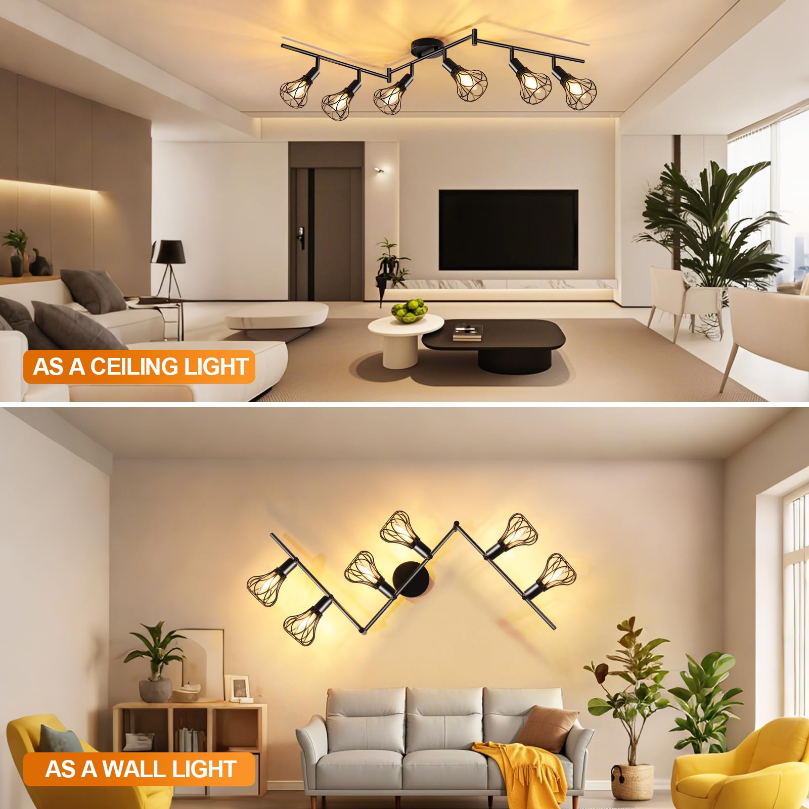 GeyouLux Deckenlampe LED Deckenleuchte E14 Deckenstrahler 6 Flammig Schwenkbar 350° Deckenspots Retro Küchenlampe Wohnzimmerlampe Schwarz Lampe für Küche Wohnzimmer Flur Schlafzimmer Ohne Leuchtmittel