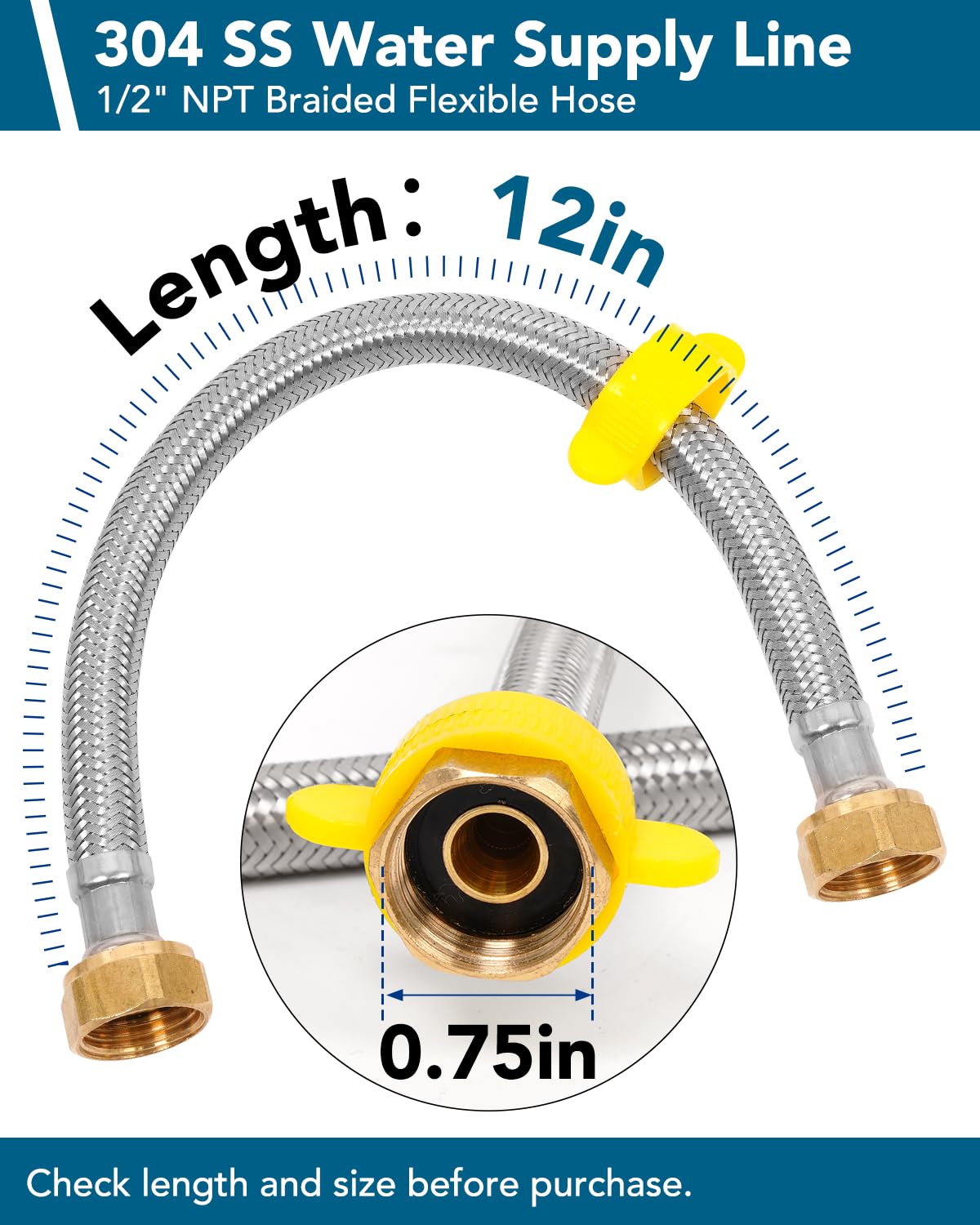 [Lot de 10] Ligne d'alimentation de robinet FIP tressé en acier inoxydable de 30,5 cm, connecteur flexible pour salle de bain et évier de cuisine