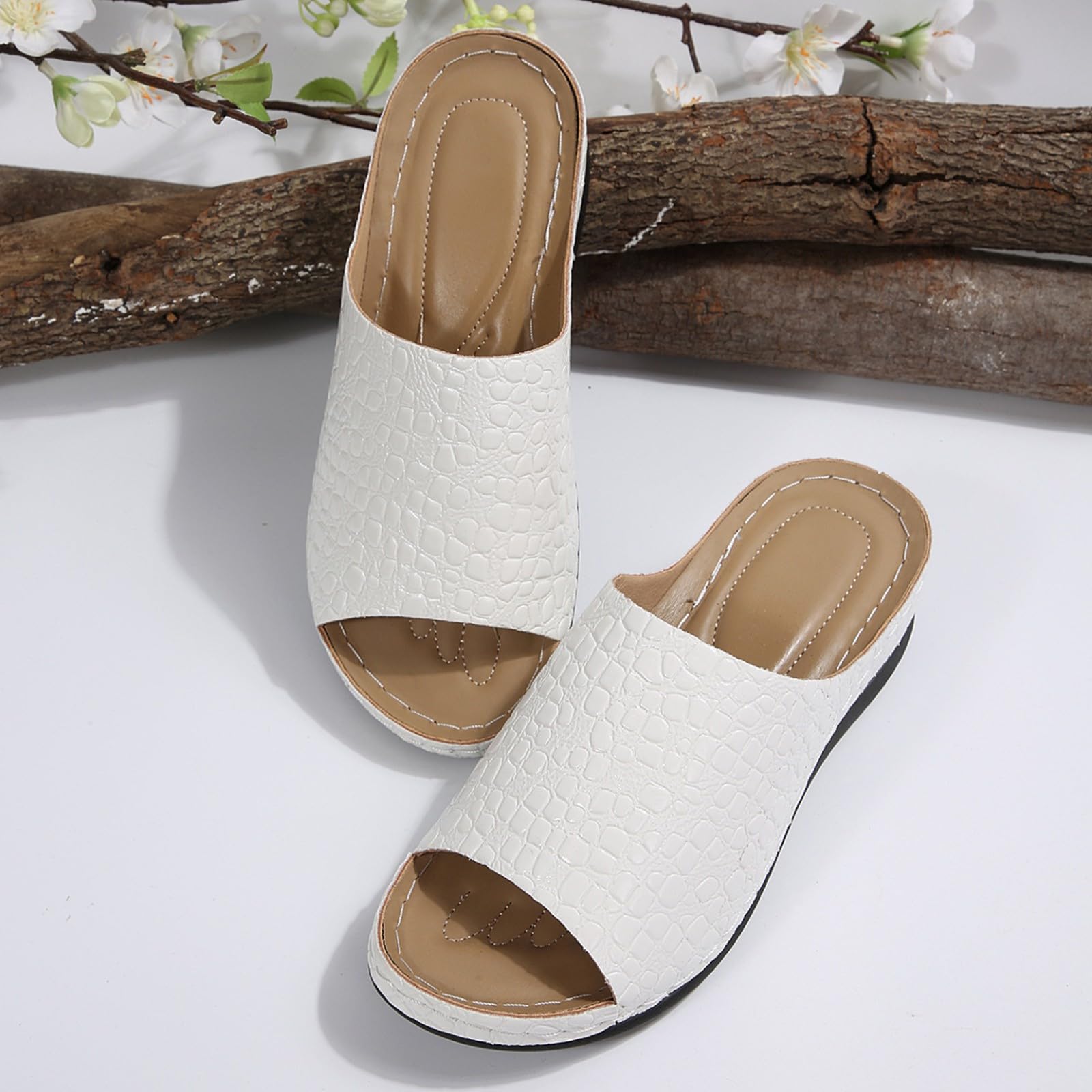 Pantofole estive da donna, vestibilità ampia, pantofole da donna in pelle, comode pantofole con morbido tessuto in pelle, bocca di pesce, fondo spesso, antiscivolo, leggere, con supporto per arco