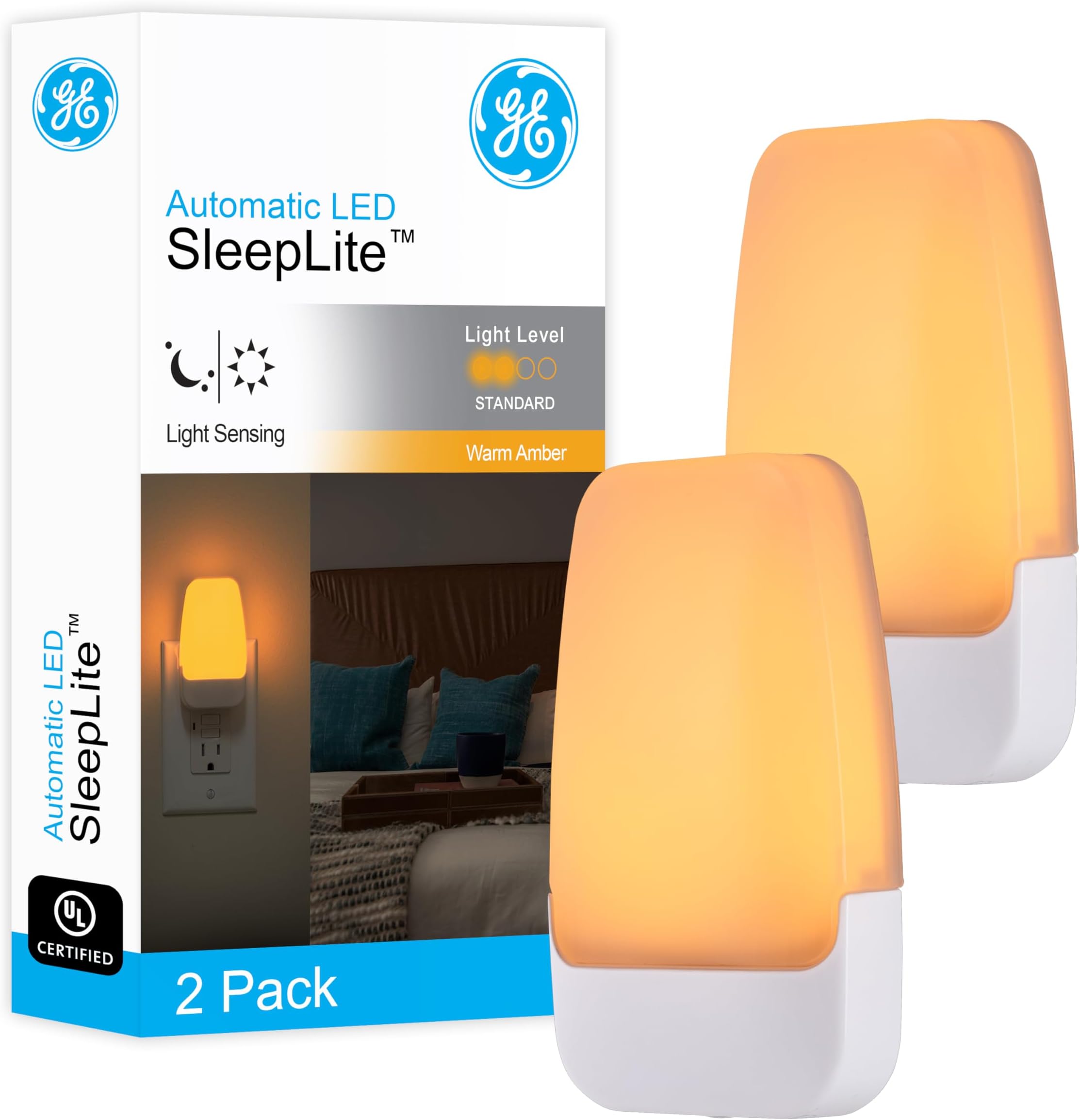 GE LED Night Light, Plug-in, Dusk to Dawn Sensor, Amber, UL-Certified, Energy Efficient, Ideal Nightlight for Bedroom, Bathroom, Nursery, Hallway, Kitchen, 76135, 2 Pack