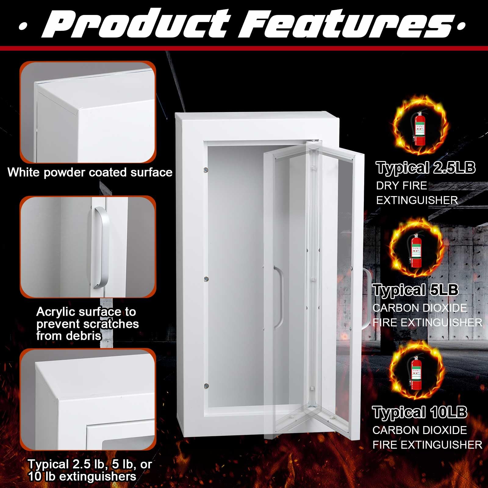 Zonon 1 extintor de incendios para pared y superficie de 27 3/8 pulgadas de alto x 13 7/8 pulgadas de ancho x 6 1/2 pulgadas de profundidad, soporte de caja de extintor de incendios de acero blanco