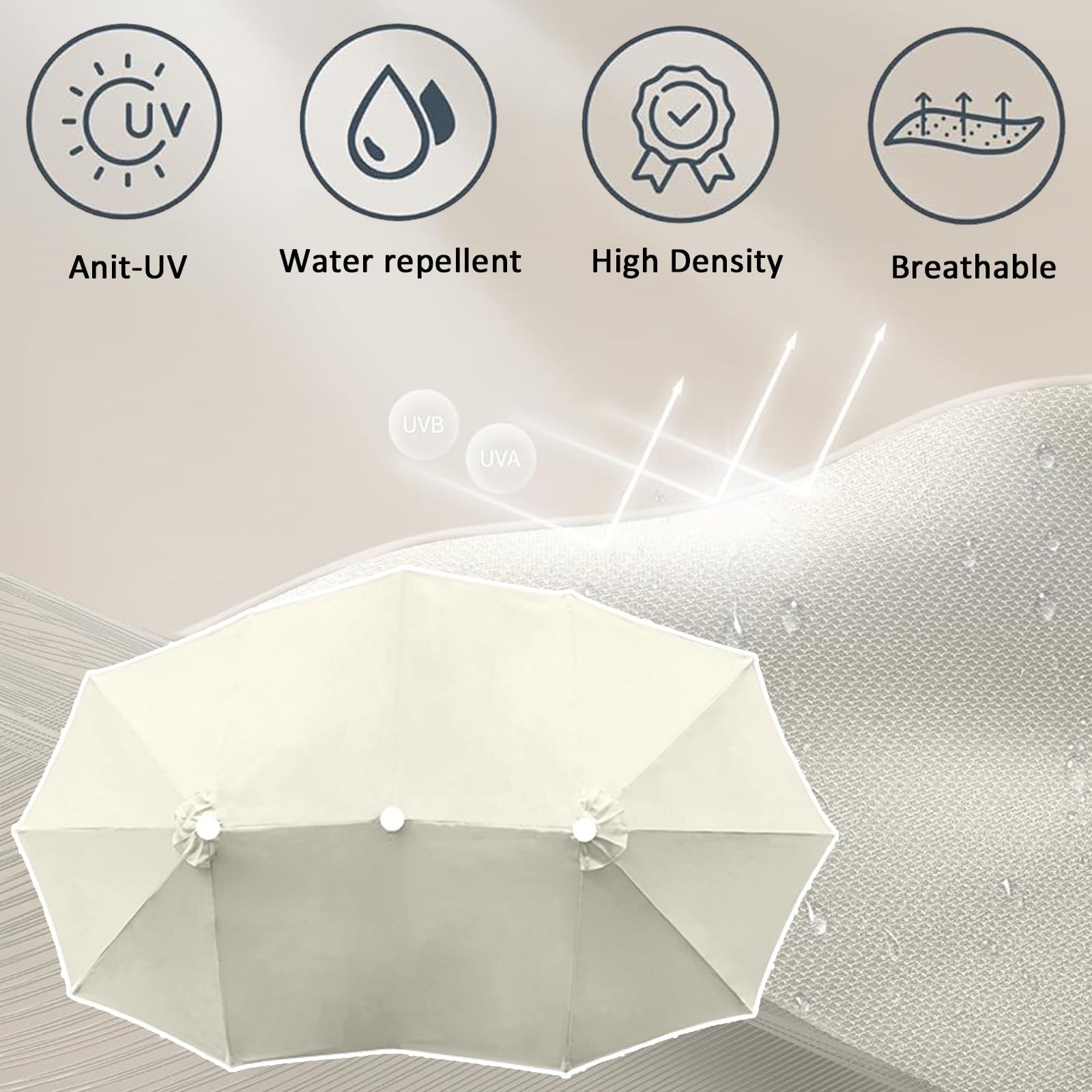 12 Baleines 3 Têtes Toile De Rechange Pour Parasol, Dessus De Parapluie De Remplacement Pour Parasol Déporté, Cour, Jardin, Ø270cm Imperméable Auvent De Rechange, Pas Facile À Décolorer(Off white)