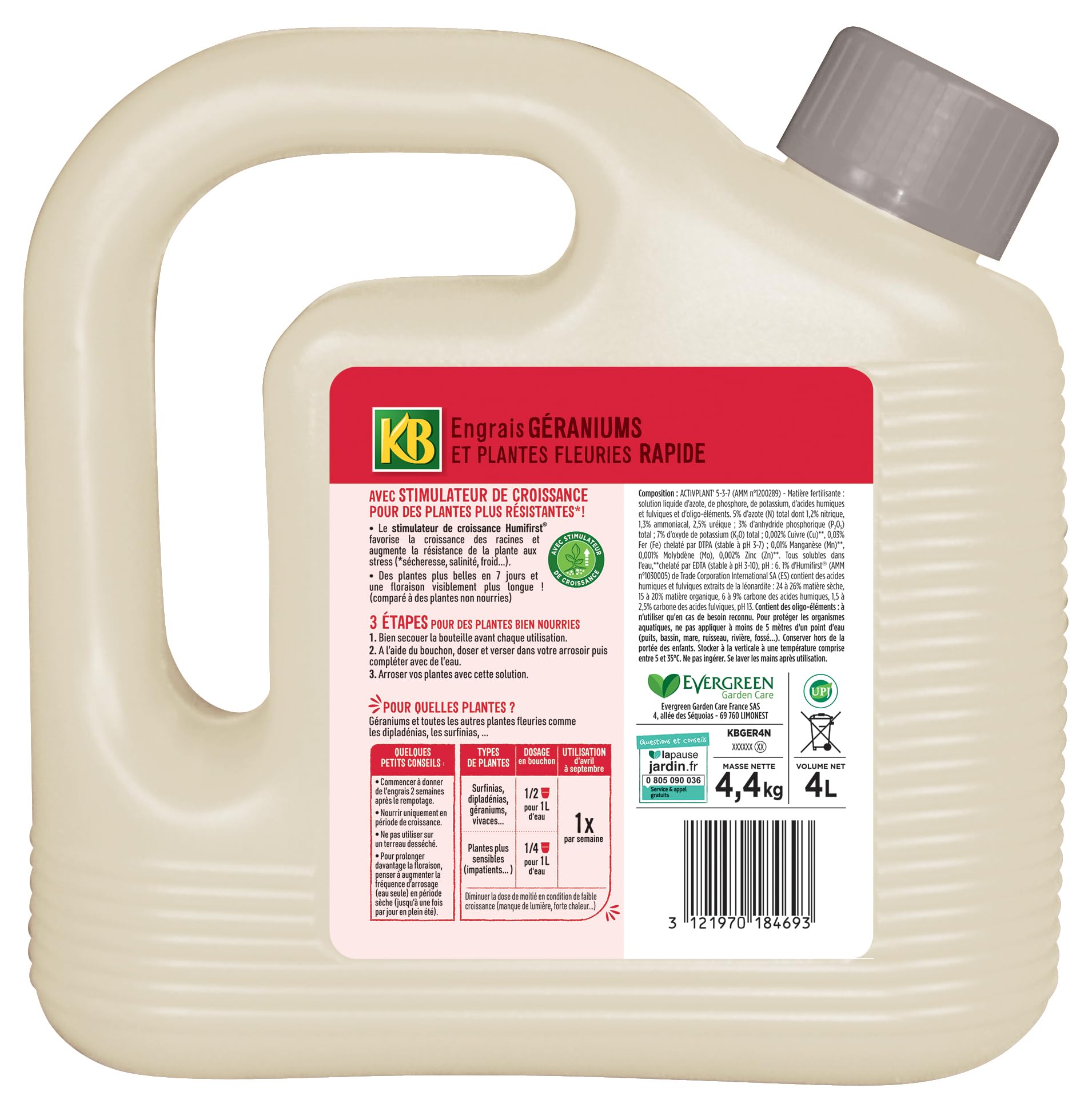 KB KBGER4N - Engrais Liquide Rapide Plantes Fleuries Géraniums, Vivaces 4 L - Plantes plus belles en 7 jours - Avec stimulateur de croissance - Jusqu'à 568 L de solution diluée - Fabriqué en France