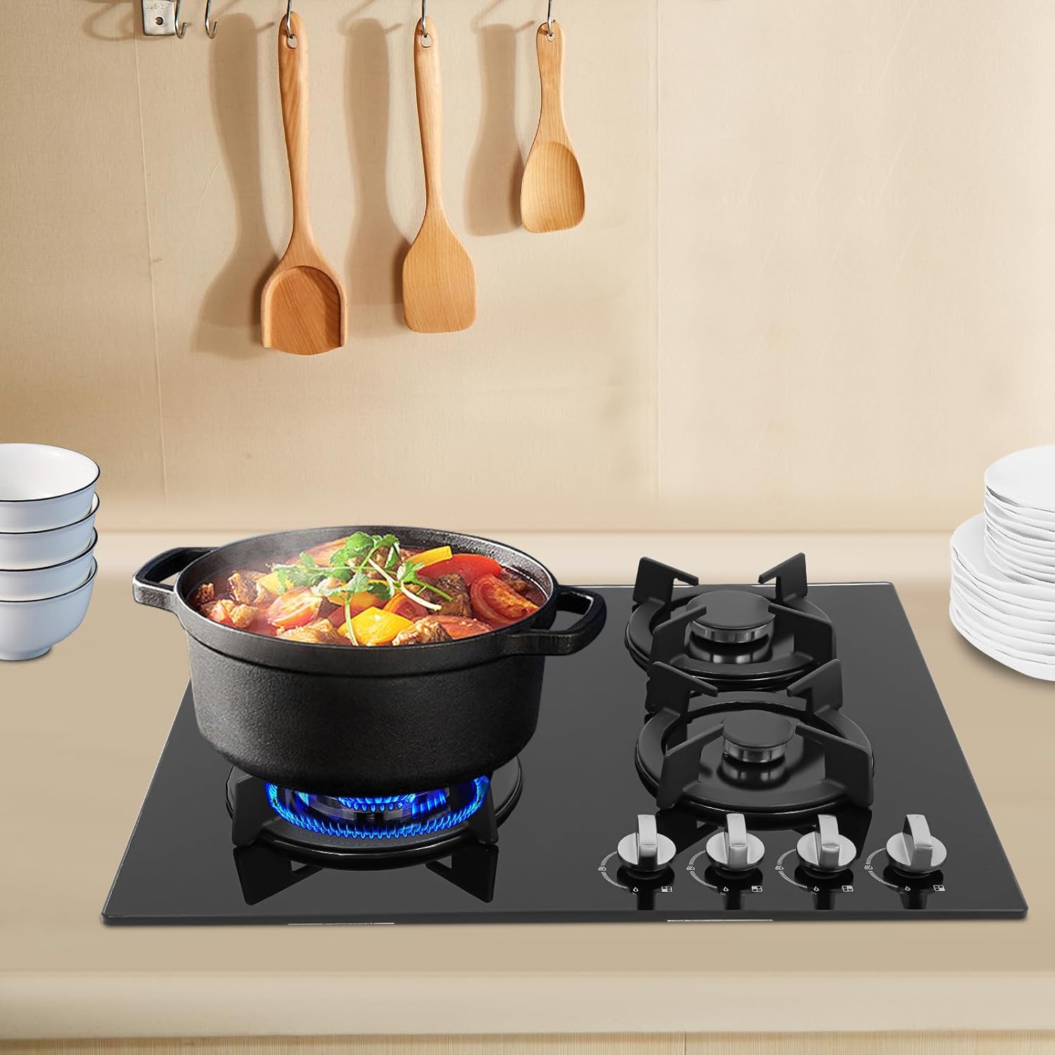 23 Inch Gas Cooktop 4 Burner Built-in Gas Stove Top with Tempered Glass Panel NG/LPG Stove Cooking Burners for Home Kitchen Apartment Black 3.2KW + 2 x 1.75KW + 1.0KW