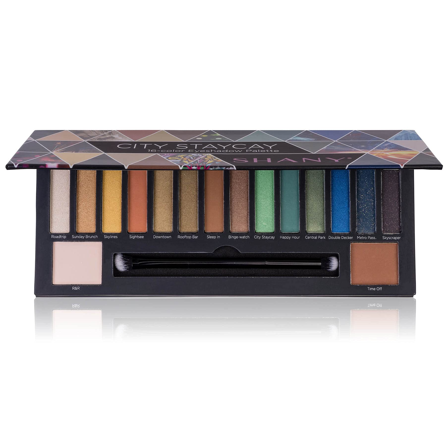 SHANY City Staycay 16-Color Eyeshadow Palette - 16 Highly-Pigmented and Long-Lasting Eye Makeup Shades with Dual-Sided Brush and Built-In Mirror (SH-0016-B)