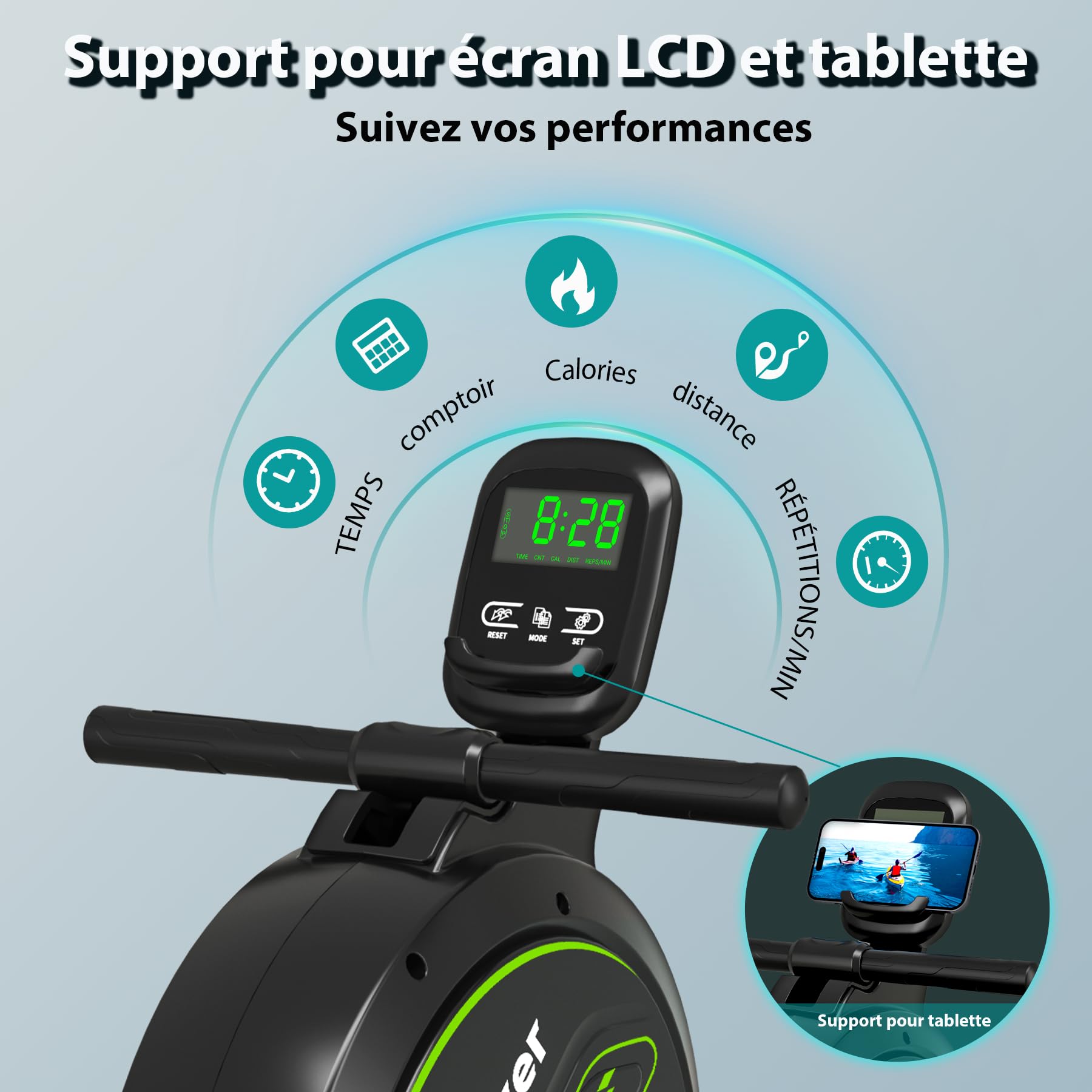 WENOKER Rameur Musculation D'appartement, Rameur Magnétique Silencieux, Glissières Doubles améliorées, Ultra Silencieux, LCD-Datenanzeige, Capacité Maximale 160KG