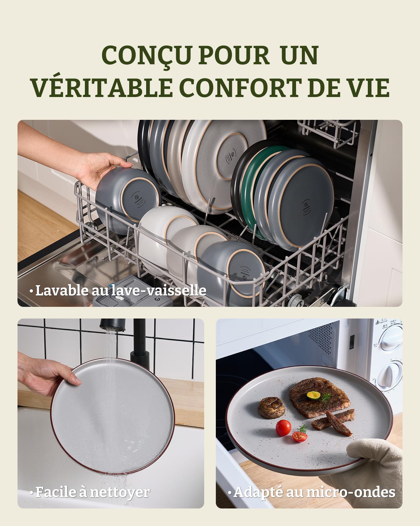 Richmount Mercury Service de Table 12 Pièces, Céramique pour 4 Personnes avec Assiettes et Bols, Micro-ondes et Lave-vaisselle, Gris Clair