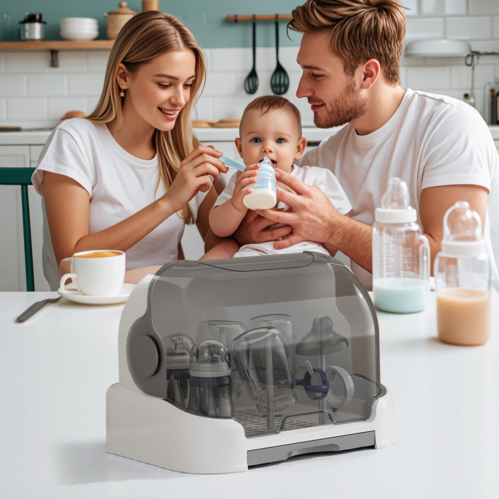 Égouttoir à Biberons pour Bébé, Séchoir à Biberon avec Couvercle et Plateau d'eau Amovible, Anti-poussière Boîte de Rangement pour Biberons, Tétines, Tasses, Pièces de Tire-lait et Accessoires