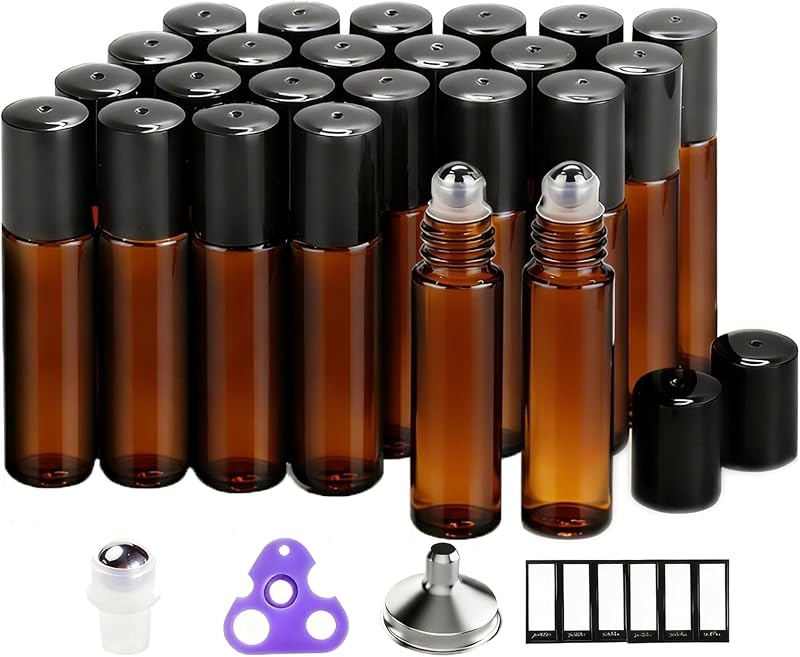 PrettyCare Conjunto com 24 frascos roll-on de vidro âmbar de 10 mL com esfera de aço inoxidável e tampas pretas