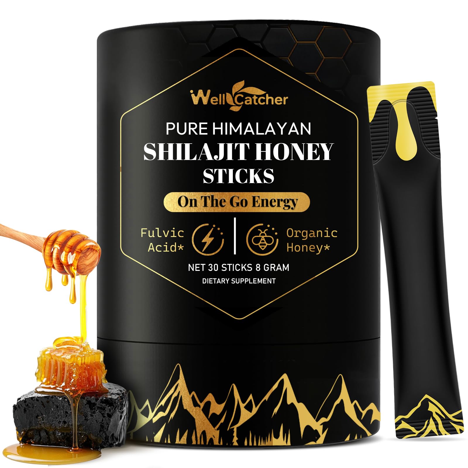 Pure Himalayan Shilajit Honey Sticks - Organic Raw Honey Shilajit Sticks for Men Women with Saffron Boost Energy Vitality & Immune Support 30 Packs