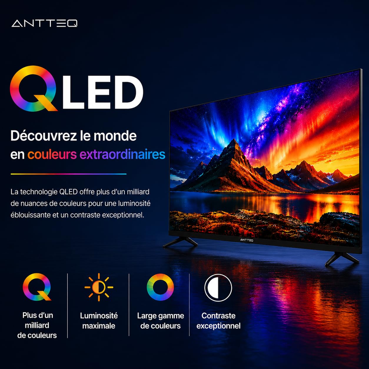 Antteq AV32H5Q Téléviseur 32 Pouces QLED Smart TV Bluetooth avec Triple Tuner HD (DVB-C/-S2/-T2) App Store, Netflix, Prime Video, Rakuten TV, DAZN, Youtube et Plus