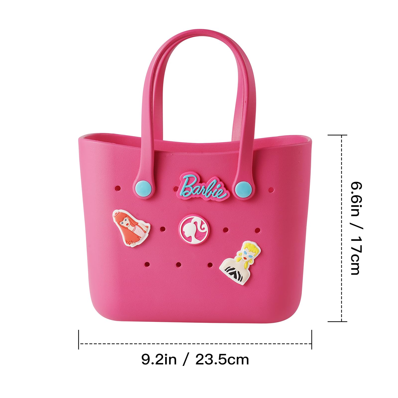 MINISO Barbie Tote Bag, Reusable Small Rubber Waterproof Bag, Cute Design Practical And Portable Handbag for Work Travel (ROSE)