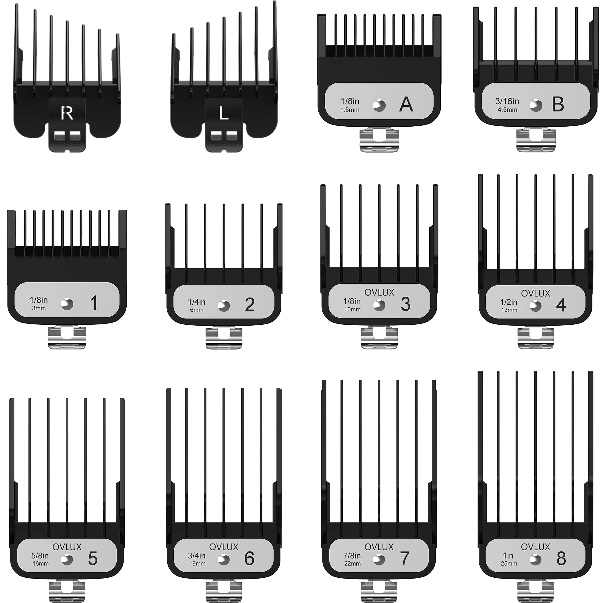 WahI-Compatible Clipper Guards Set - 10 Metal Guides from 1/16” to 1”, Includes L & R Ear Tapers