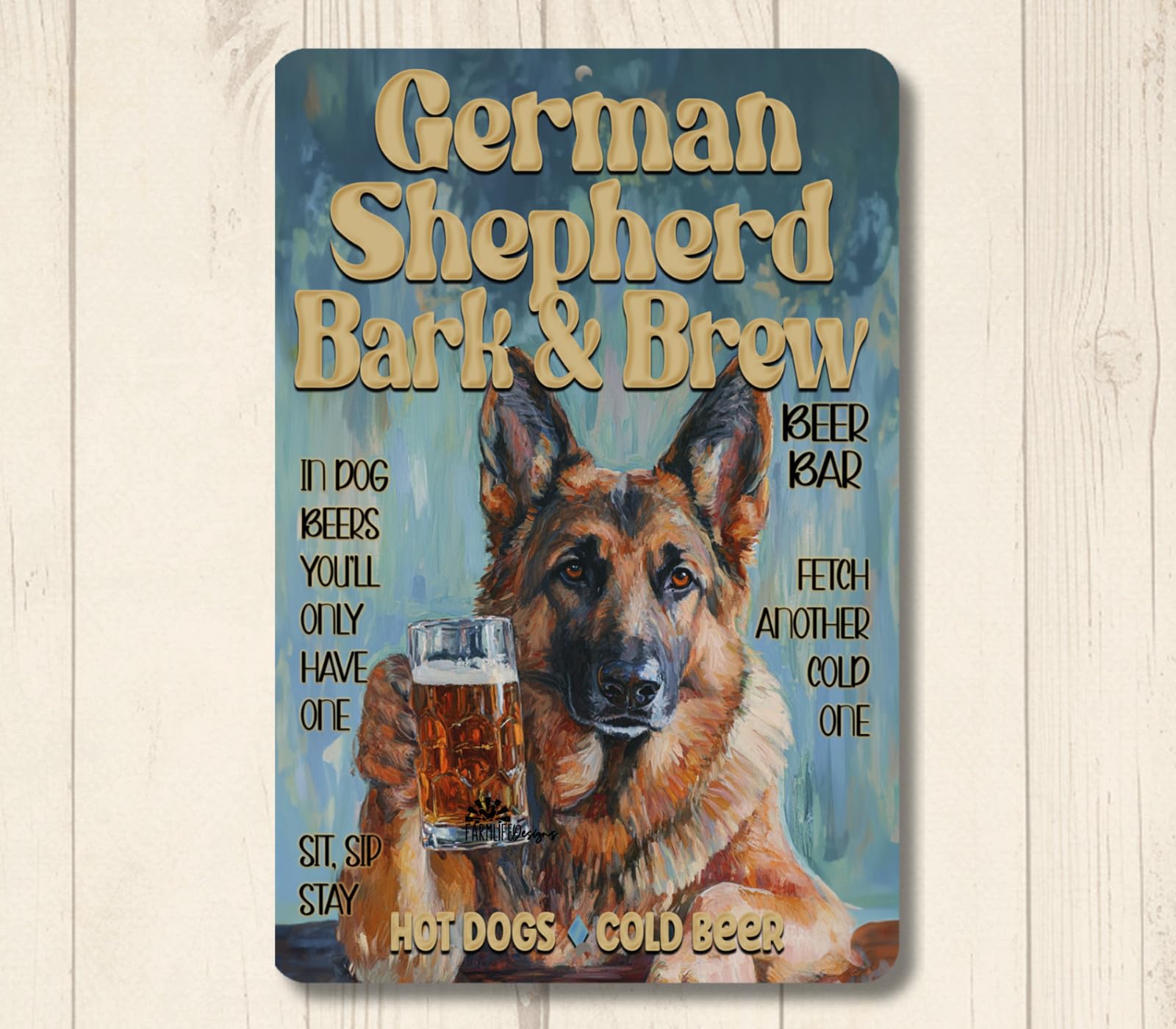 German Shepherd Beer Bar Sign Bark & Brew pub man cave dog funny metal wall art home decor