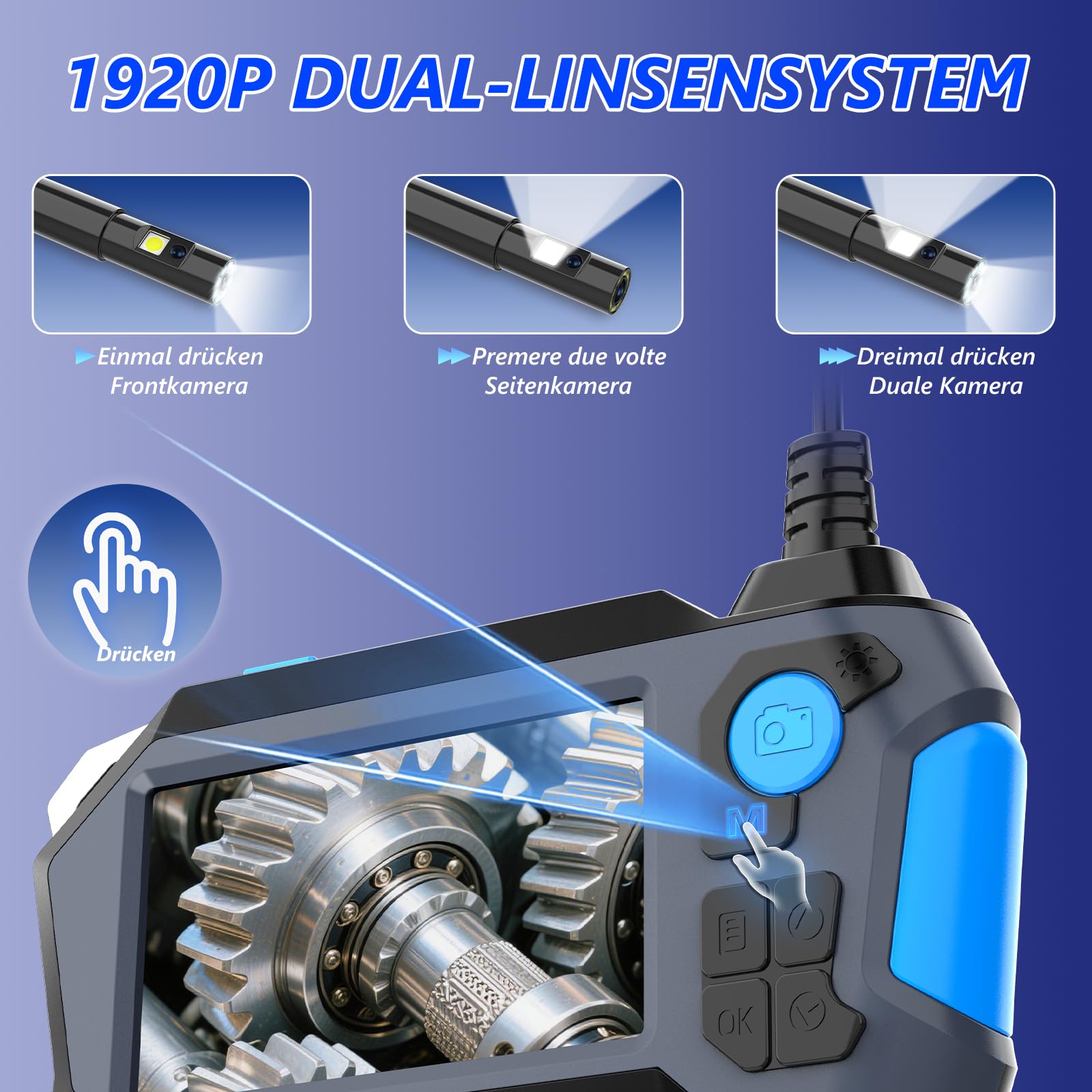 Endoskopkamera mit Licht, Ferdiiz 1920P HD Dual-Objektiv mit 720° Zwei-Wege-Drehung, Endoskopkamera Beweglicher Kopf mit 4,5” IPS Bildschirm, IP68 Halbstarre Rohrkamera, 8+1 LED-Inspektionskamera - 5M