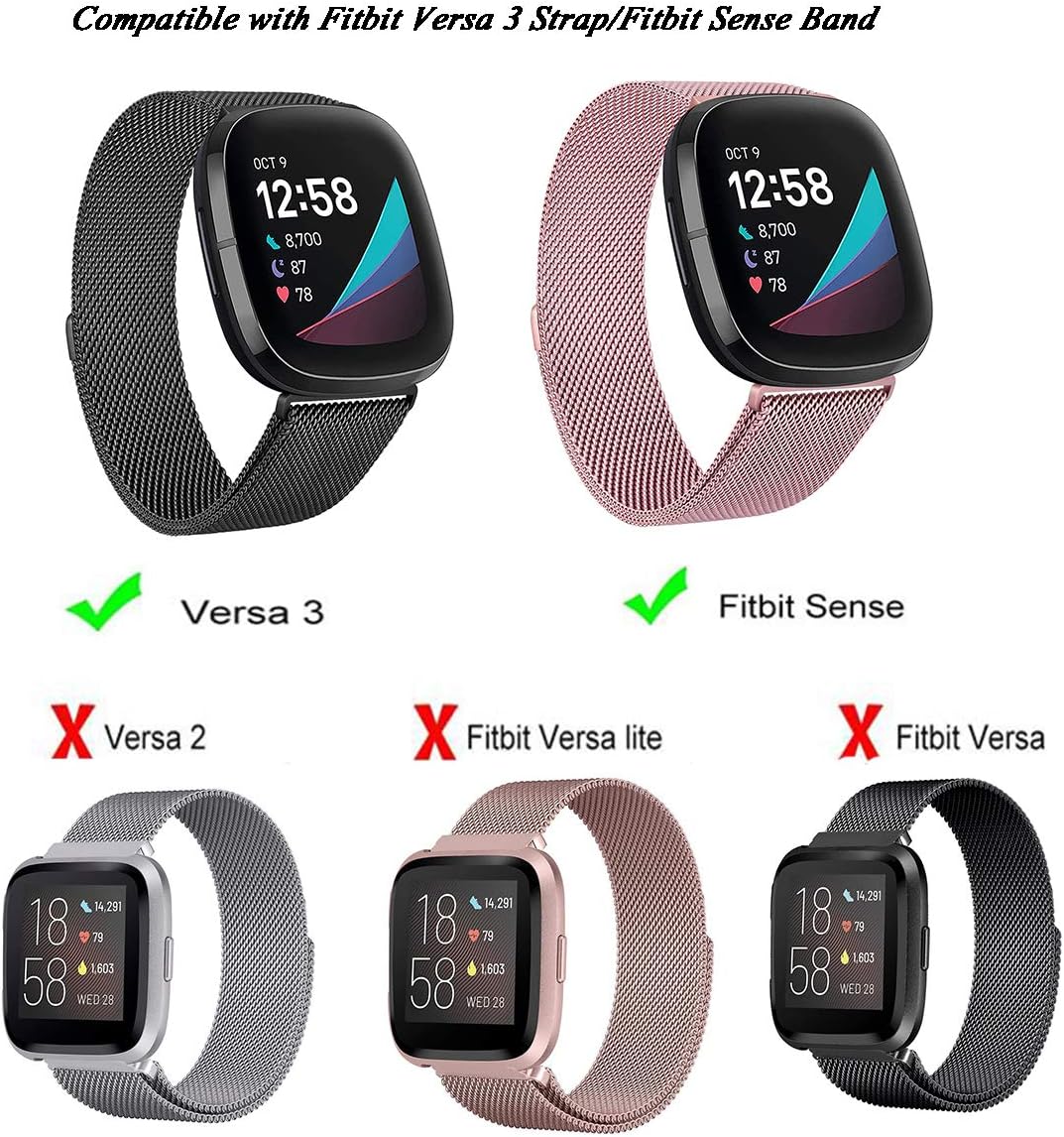 SINPY Watchband for Fitbit Versa 3 Band,3-Pack Metal Bands Magnetic Clasp Loop Steel Adjustable Replacement Wristband Compatiable with Fitbit Sense Trackerr,Black/Silver/Rose Gold