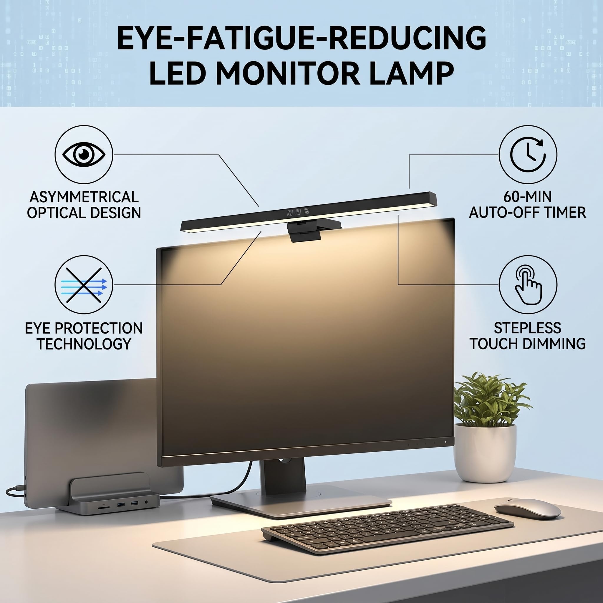 Pasek świetlny Monitora Ekranowego, Bezstopniowe ściemnianie LED Monitor Komputerowy LED Funkcja Pomiaru Czasu Sterowanie Dotykowe ABS dla Domu (BLACK)