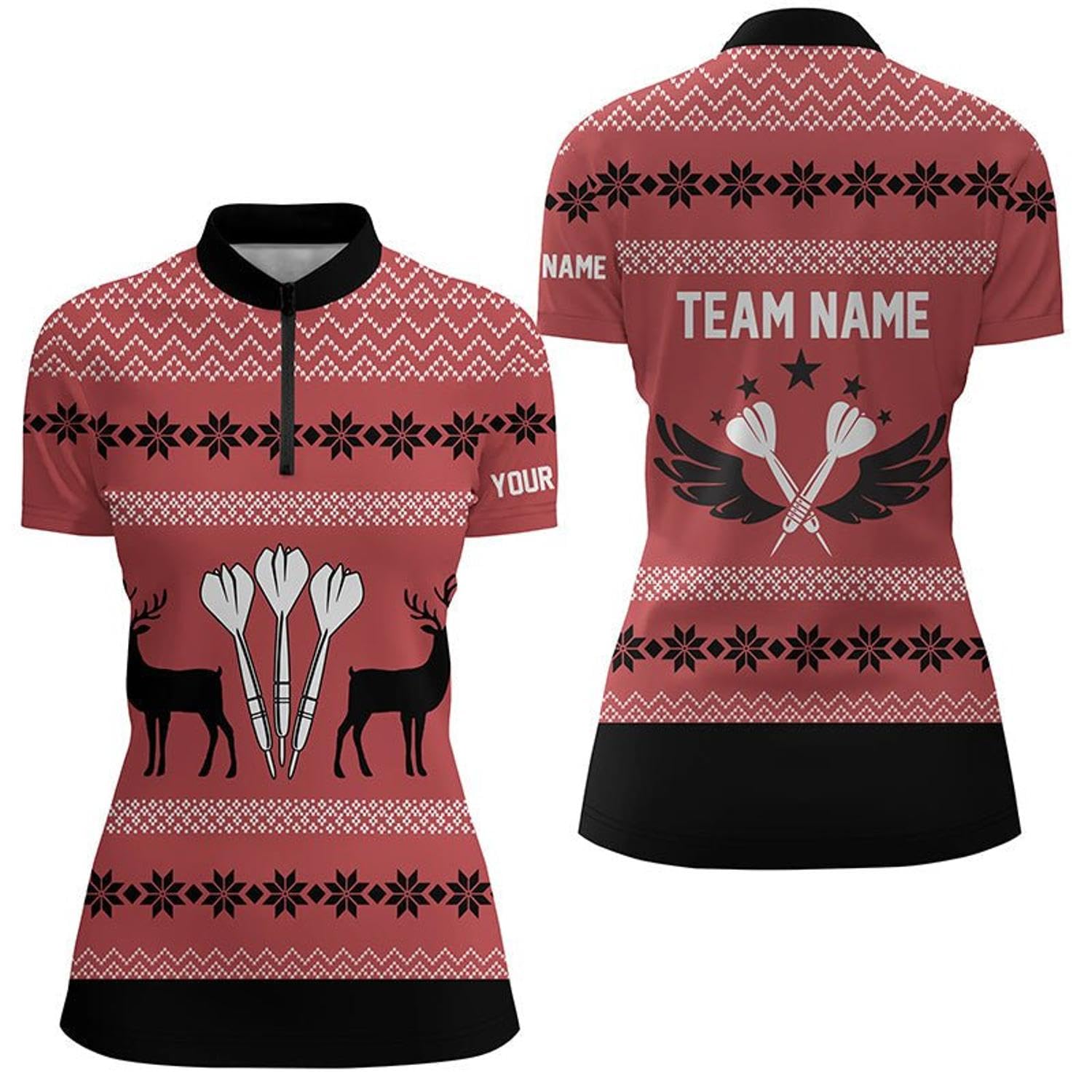 Women's Christmas Reindeer Red Quarter Zip Darts Jersey Festive Holiday Sportswear for Women O766