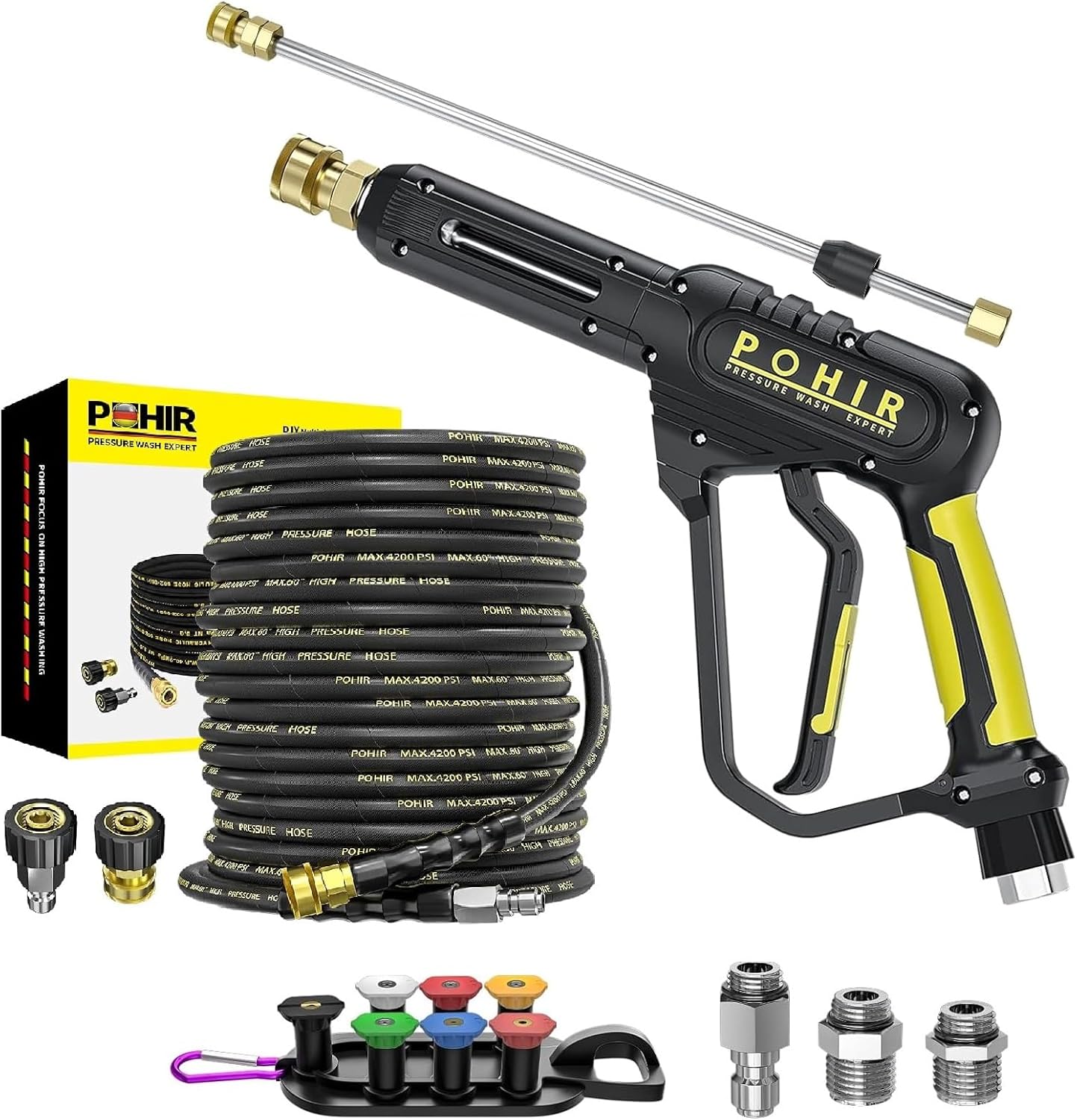 100FT Pressure Washer Hose 4000PSI with Power Washer Gun 3600PSI, Kink Resistant High Tensile Wire Braided