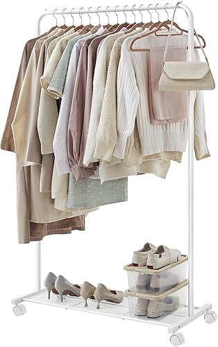 Vista 64 de SONGMICS Perchero de doble barra con ruedas, perchero para colgar ropa, perchero resistente con estante de almacenamiento de malla, 2 frenos, cada