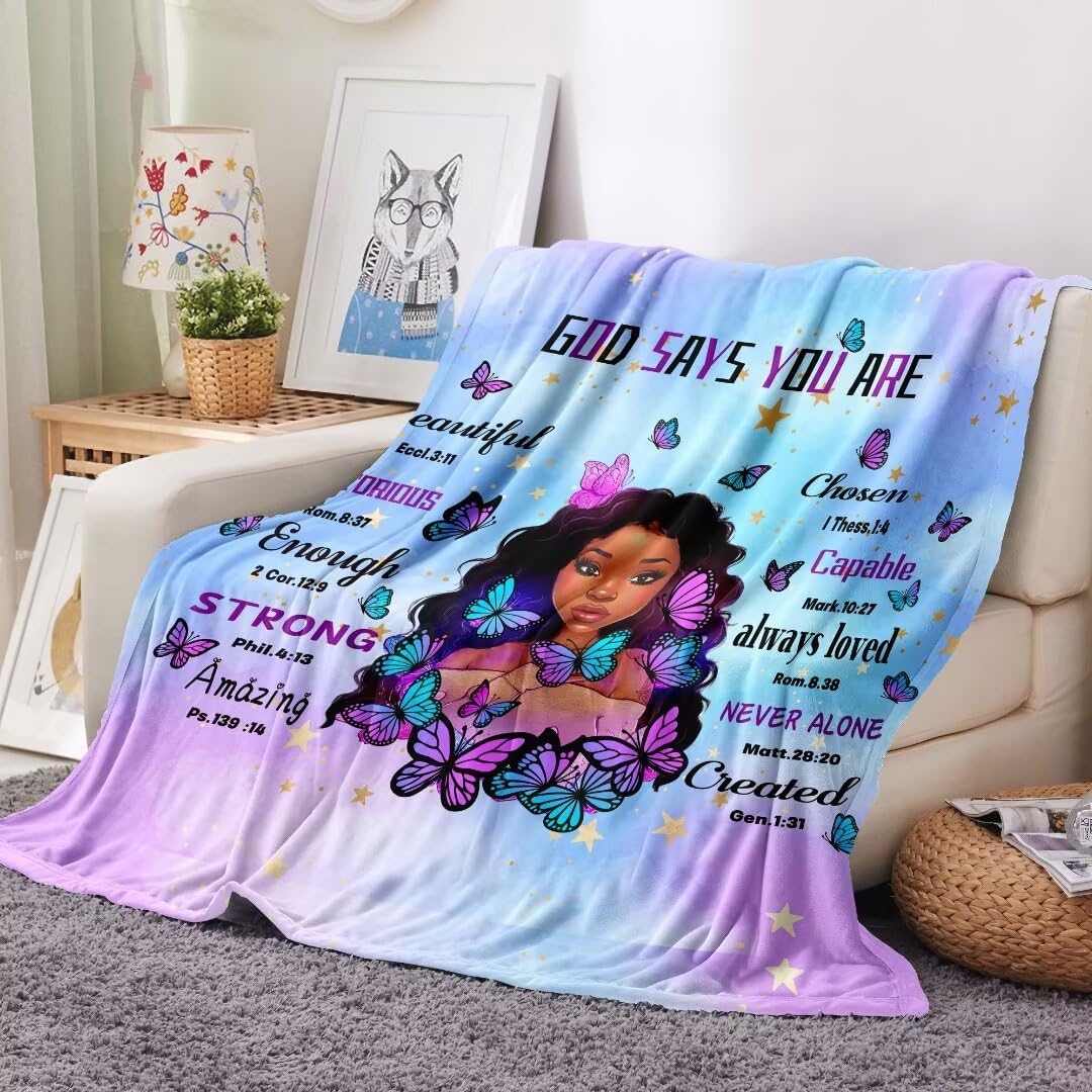 Black Girl Christian Blanket 50x60,Soft Black Girl Magic Throw Blanket,God Says I Am Blanket,Religious Christian Inspirational Gifts with Bible Verse and Inspirational Thoughts for Girls Women Faith